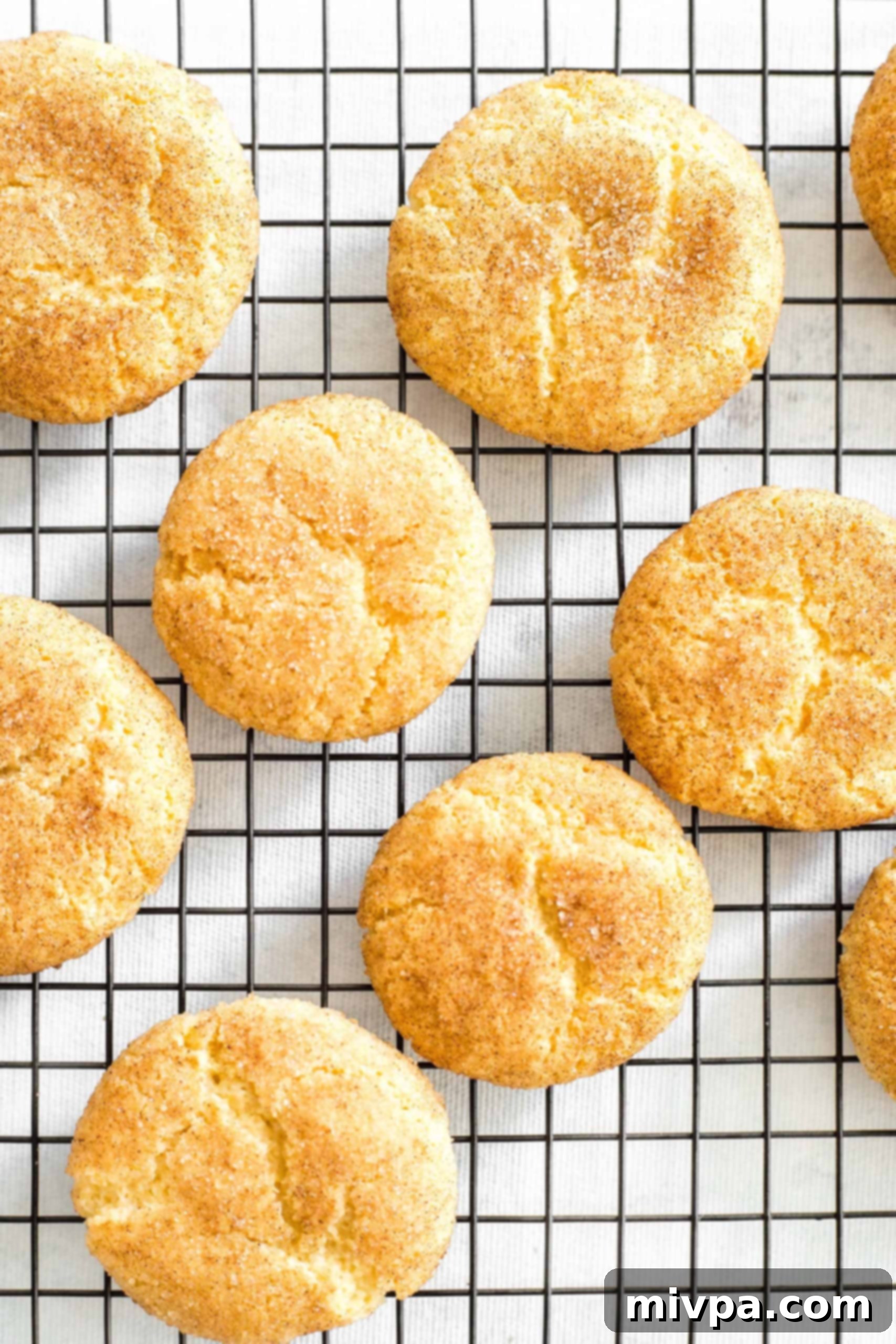 Gluten-free snickerdoodle cookies (GF snickerdoodles) arranged neatly on a wire cooling rack.