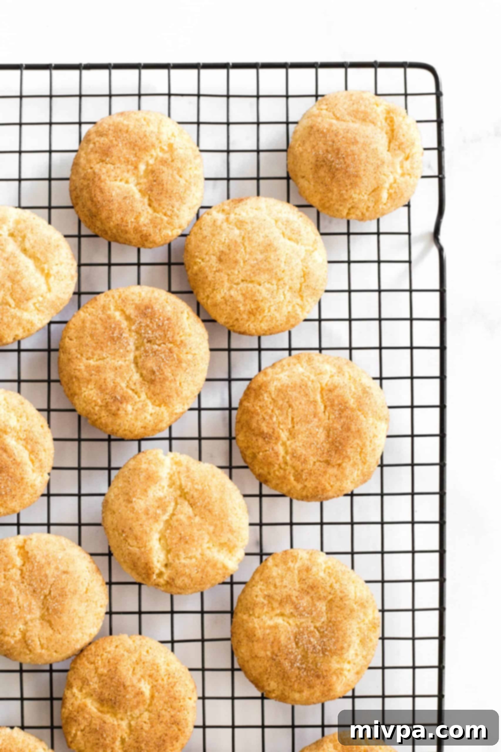 Freshly baked gluten and dairy-free snickerdoodle cookies cooling on a wire rack, showcasing their perfectly cracked tops.