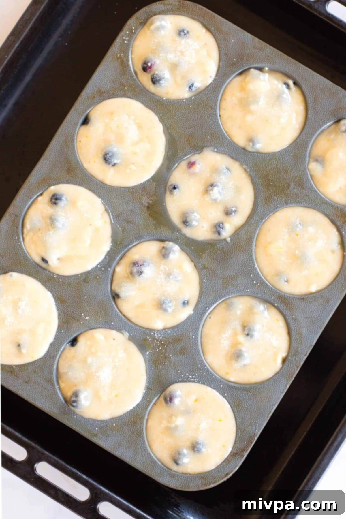 Blueberry muffin batter in grey muffin silicon mold