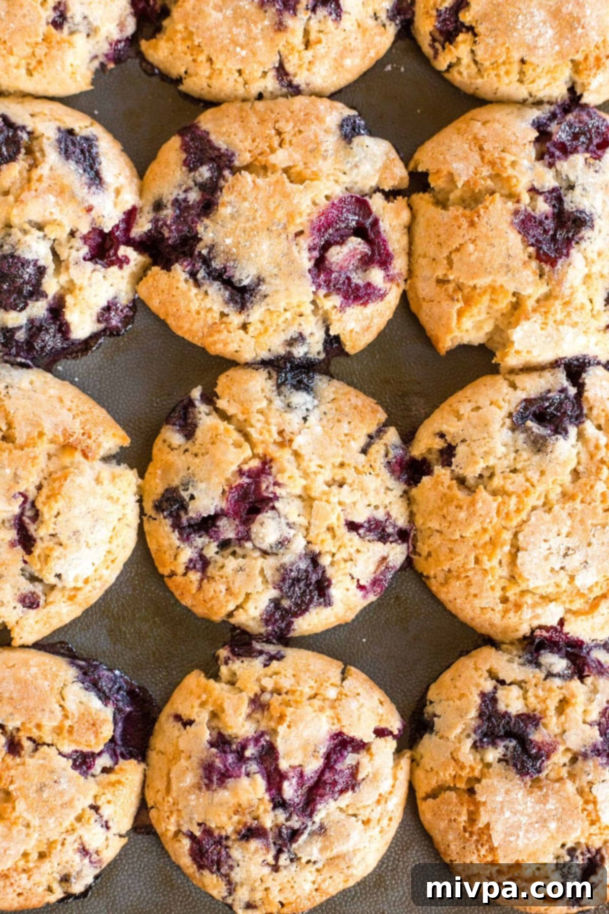 Top down view of freshly baked GF blueberry muffins in silicon mold.