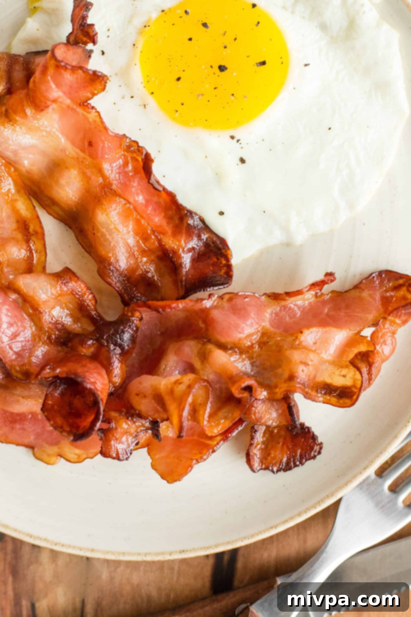 Close up shot of golden brown, crispy air fryer bacon next to a perfectly cooked sunny-side-up egg with a runny yolk.