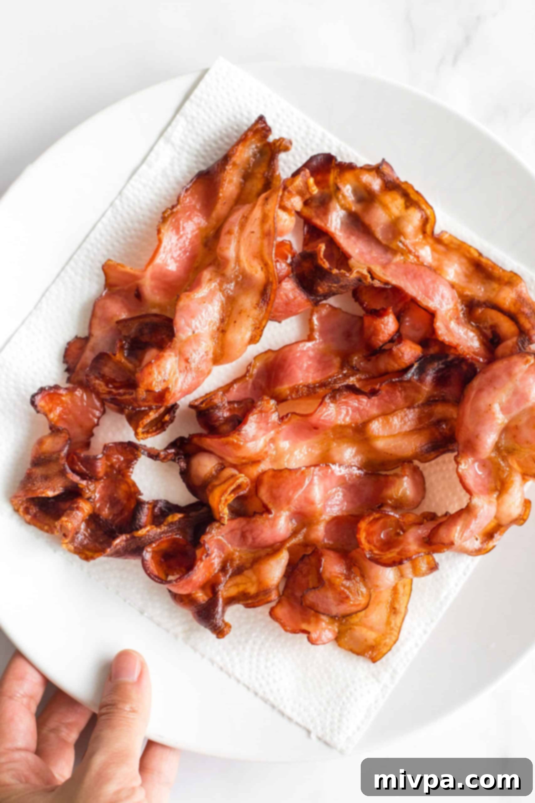 Air fryer bacon slices, freshly cooked and crispy, laid out on a paper towel-lined plate to drain excess grease.