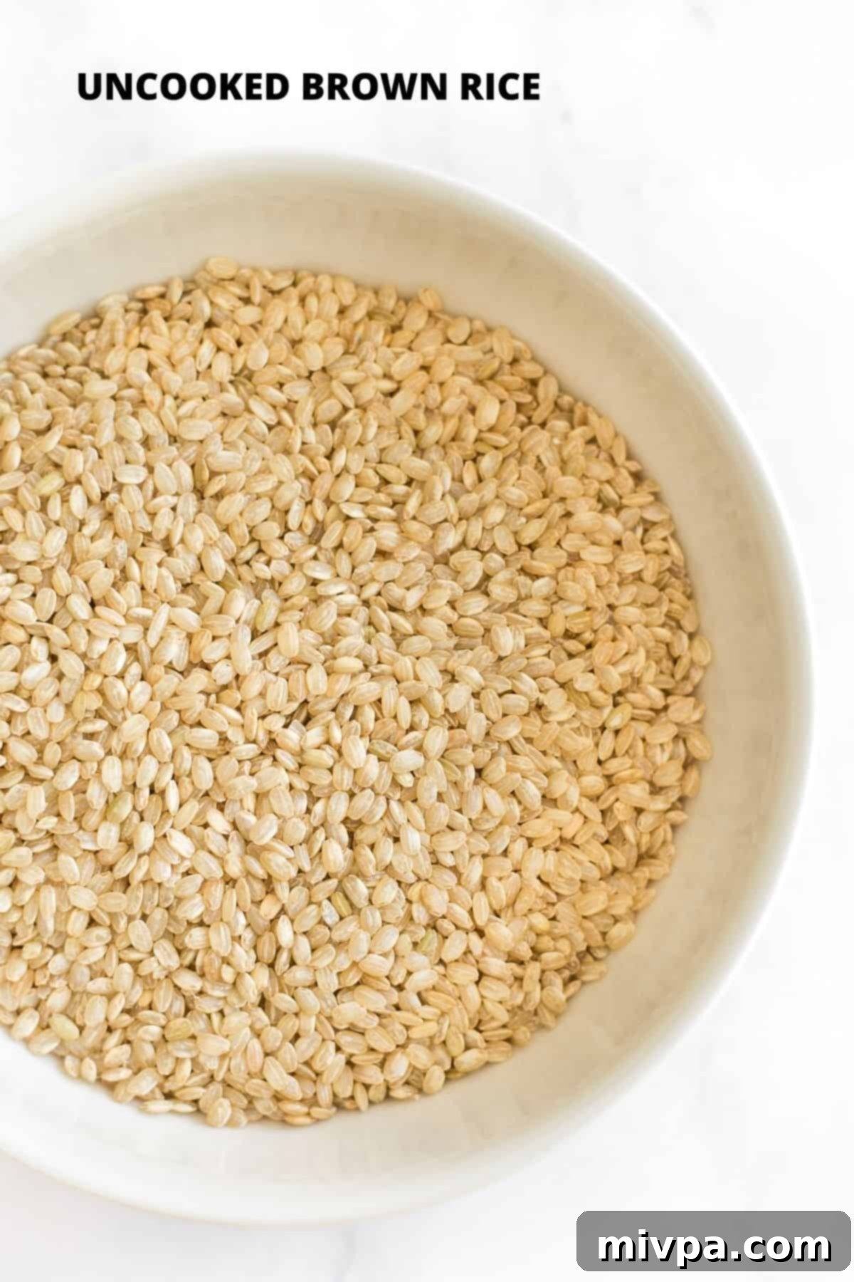 A bowl of uncooked brown rice grains, perfectly prepped for milling into fresh flour.