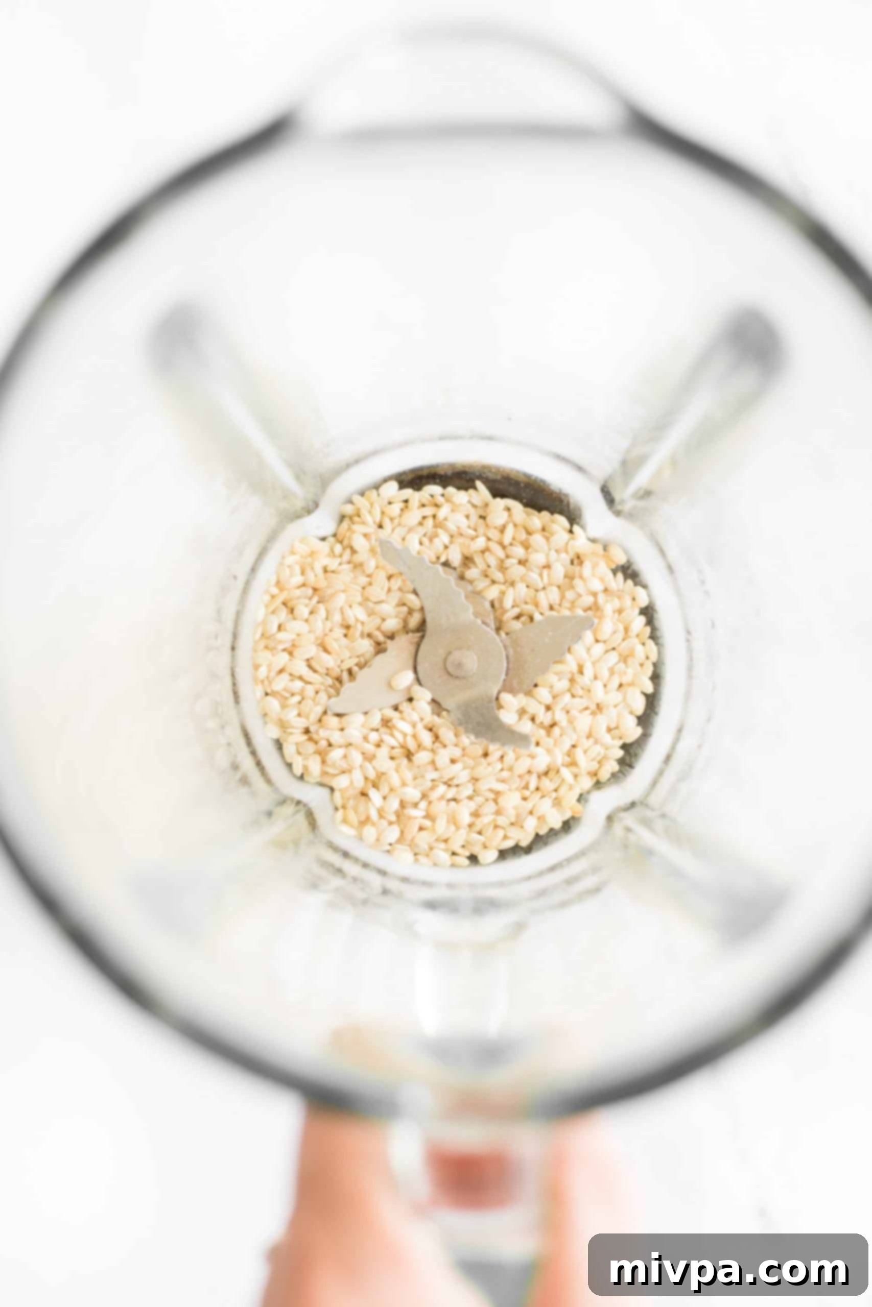 Uncooked brown rice grains loaded into a high-speed blender, ready for the initial grinding phase.