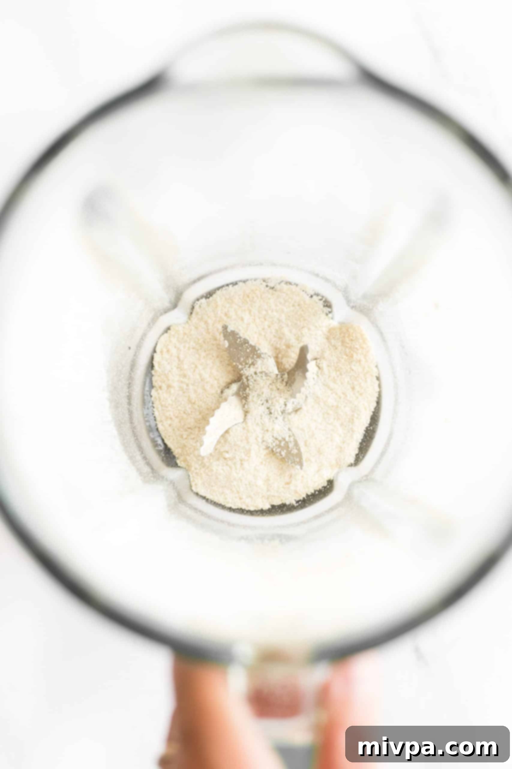 A hand holds a blender containing freshly processed, very fine brown rice flour, demonstrating its smooth texture.