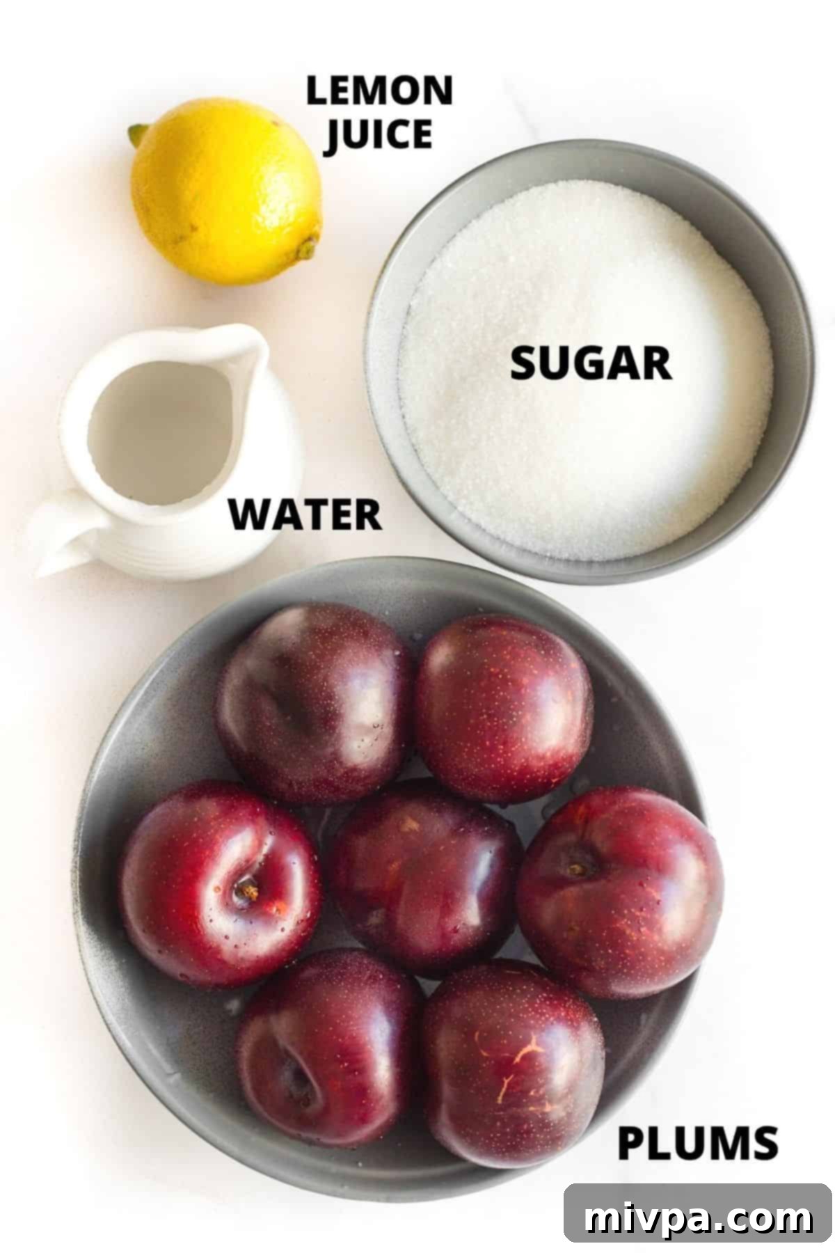Easy Plum Jam Recipe (No Pectin) Clearly labeled ingredients: fresh plums, water, granulated sugar, and fresh lemon juice, ready for making easy plum jam.