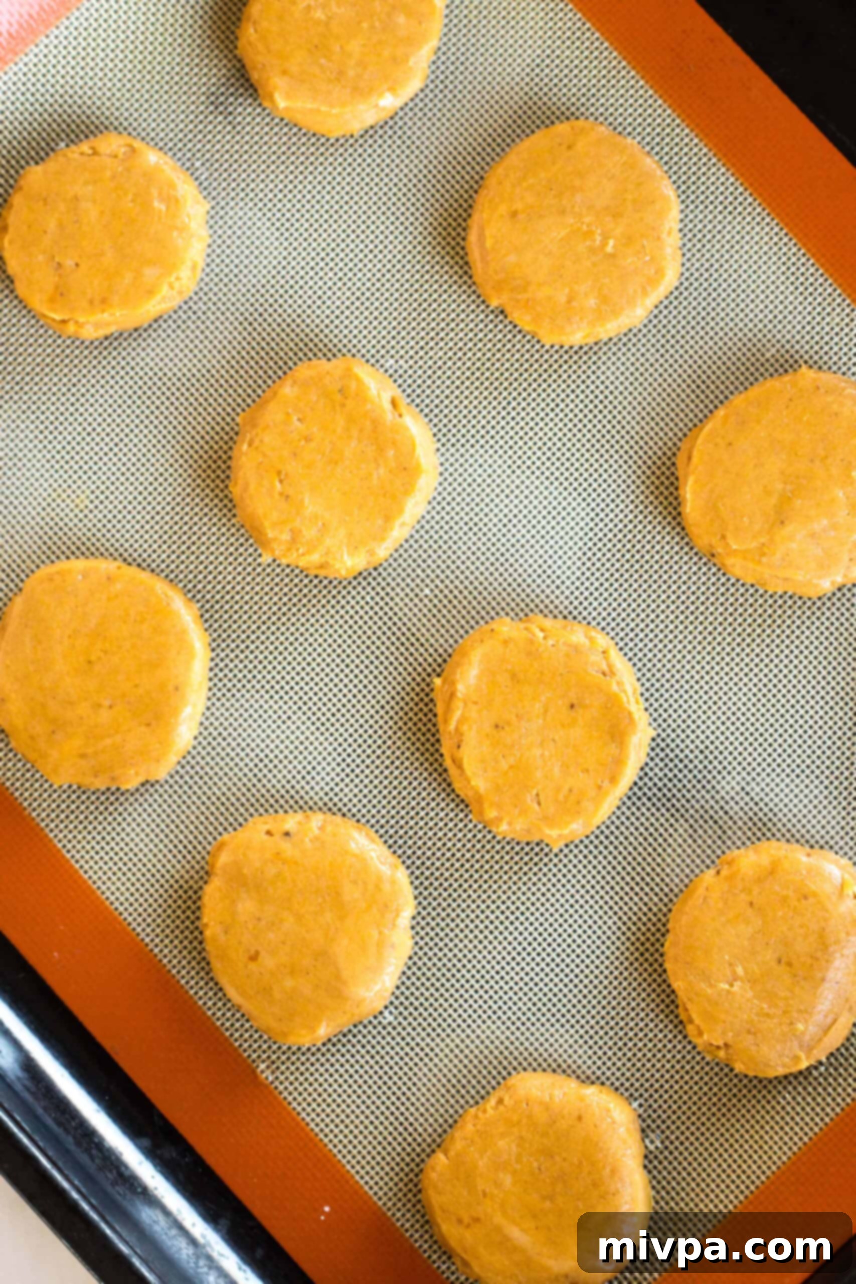 Flattened circles of cookie dough on a silpat.