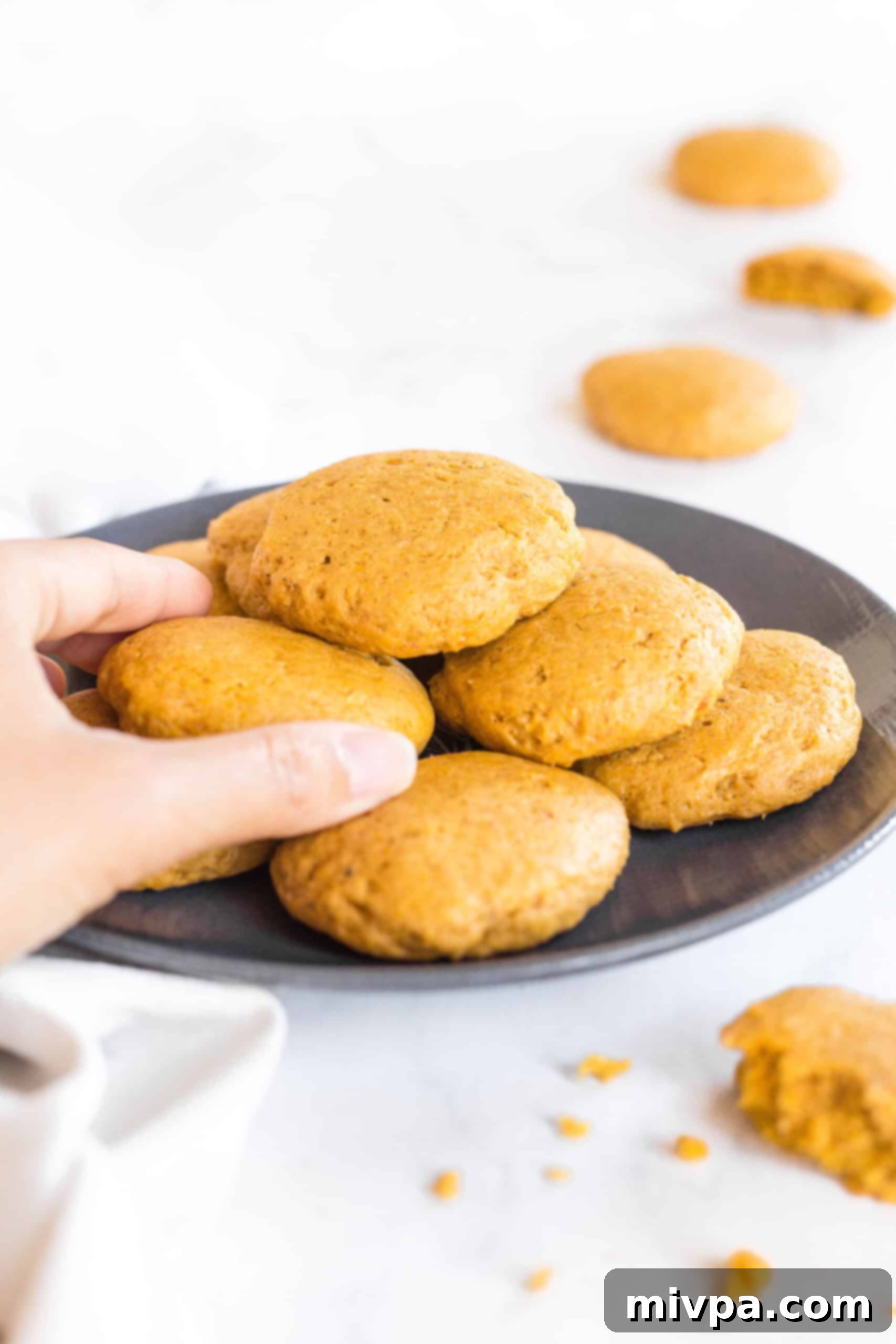Hand reaching for a cookie from a plate filled with gluten-free pumpkin cookies.