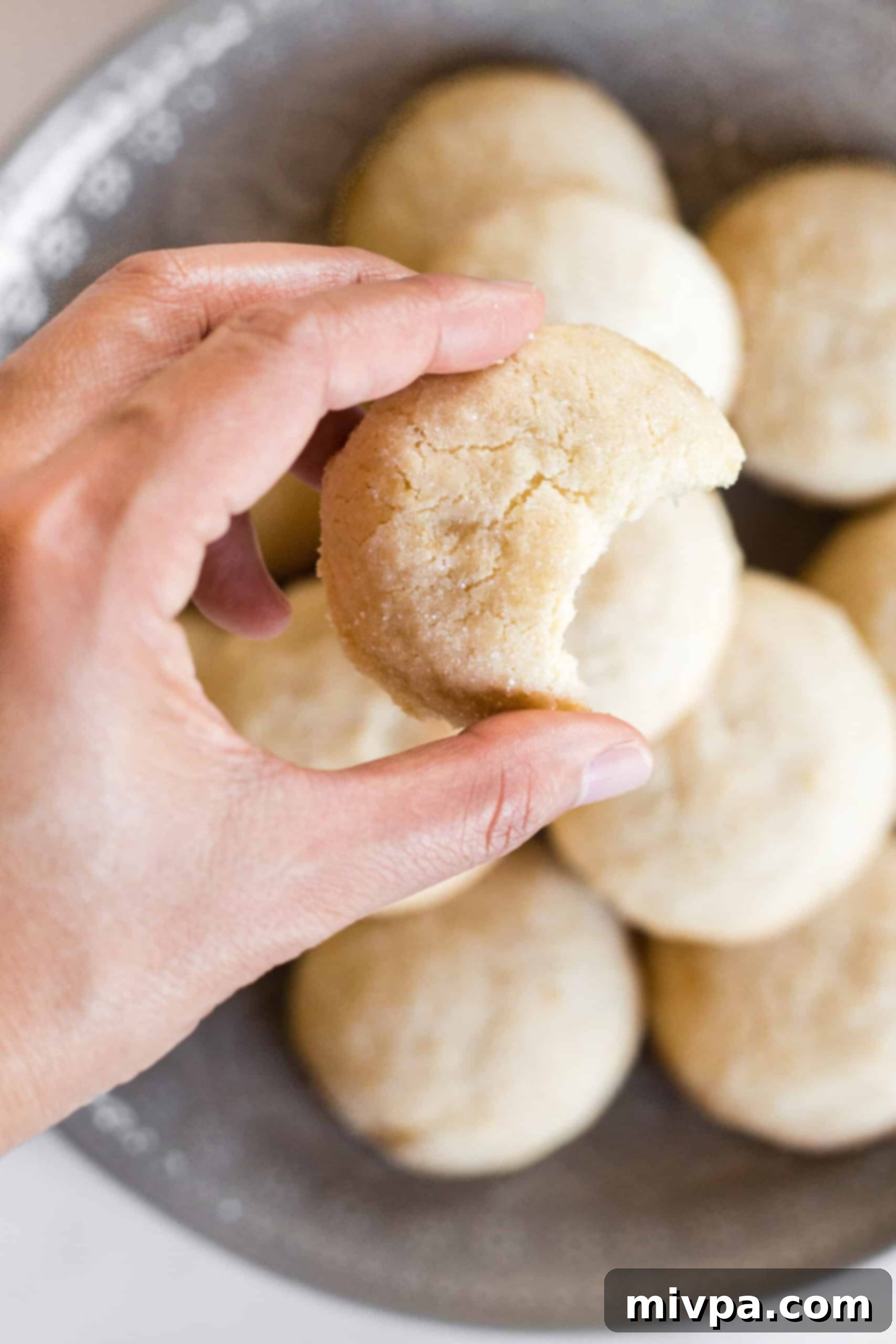 Soft, Chewy Gluten-Free Sugar Cookies (Dairy-Free) A hand holds a half-eaten gluten-free sugar cookie, revealing its soft and chewy interior.