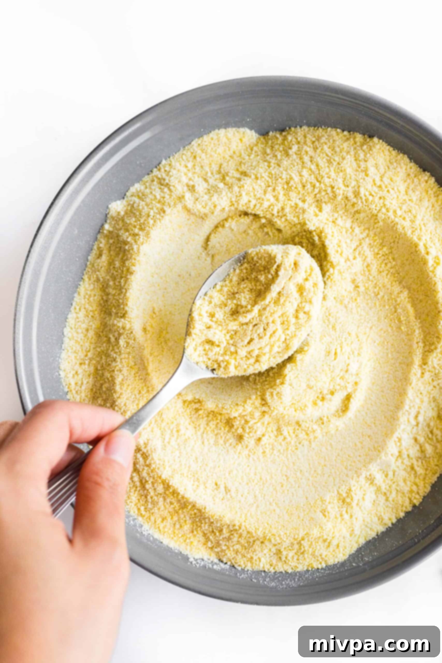 Hand holding up a spoonful of homemade millet flour.