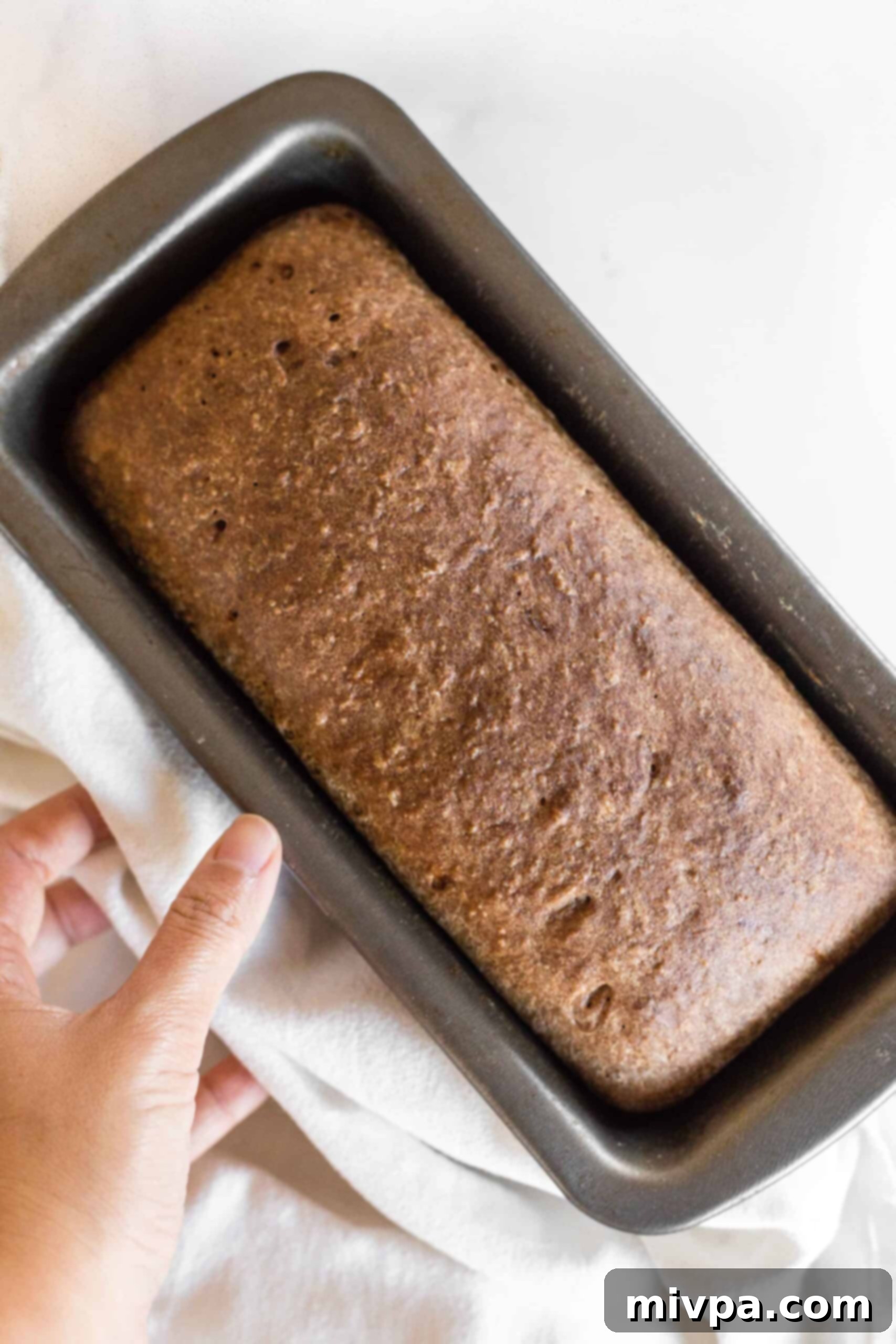 Soft, Fluffy Teff Bread (Gluten-Free, Dairy-Free) Freshly baked teff flour bread in metal loaf pan.