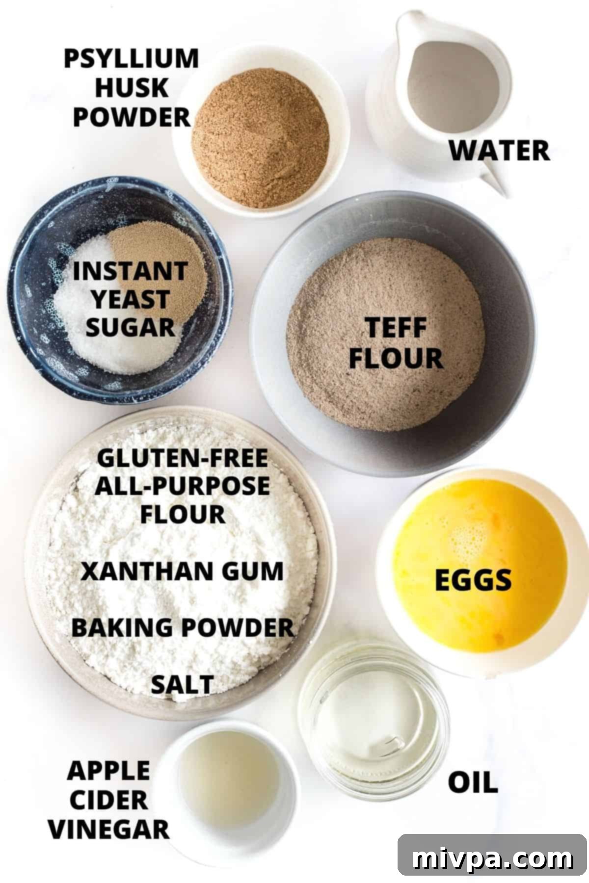 Soft, Fluffy Teff Bread (Gluten-Free, Dairy-Free) Ingredients required for making teff bread recipe.