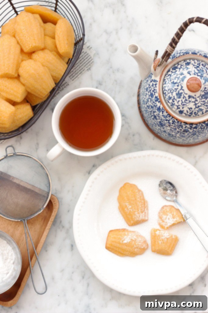 A close-up shot of perfectly baked Gluten-free Cornbread Madeleines, showcasing their golden color and intricate shell pattern.