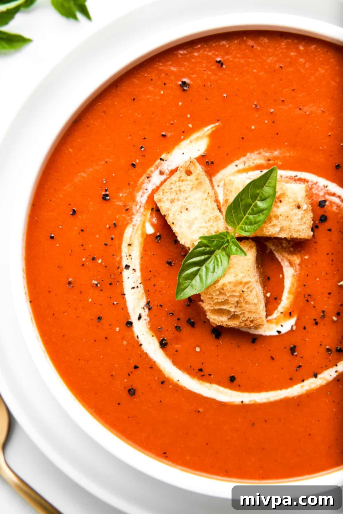 A bowl of healthy tomato soup garnished with basil and black pepper.