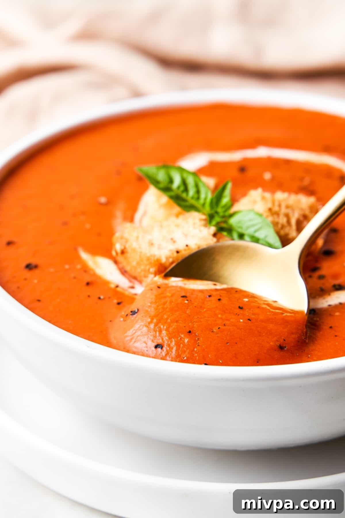 A spoon scooping into a bowl of gluten-free tomato soup.