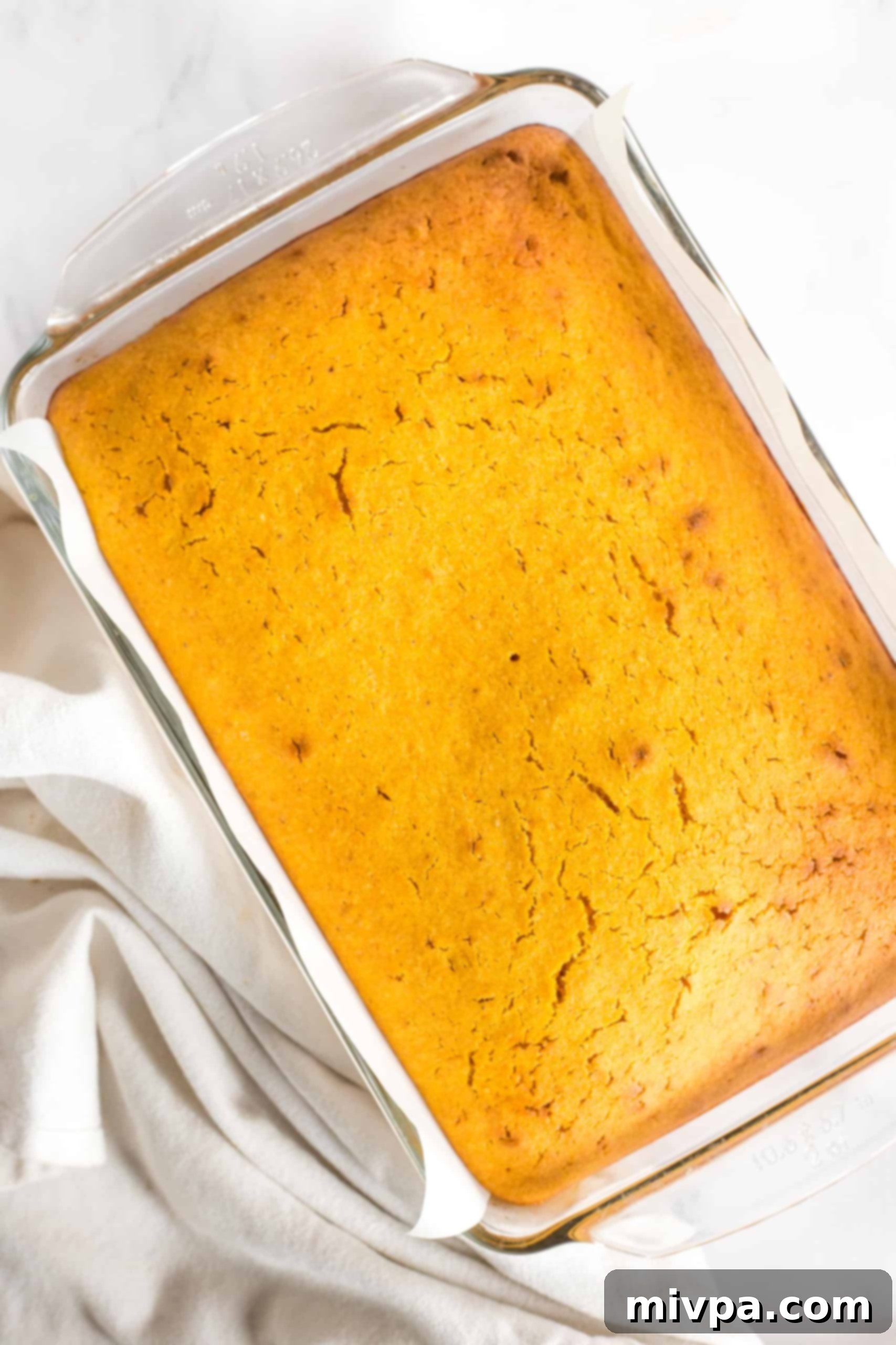 Pumpkin Dessert Bars (Gluten-Free, Dairy-Free) Freshly baked pumpkin bar in glass pan.