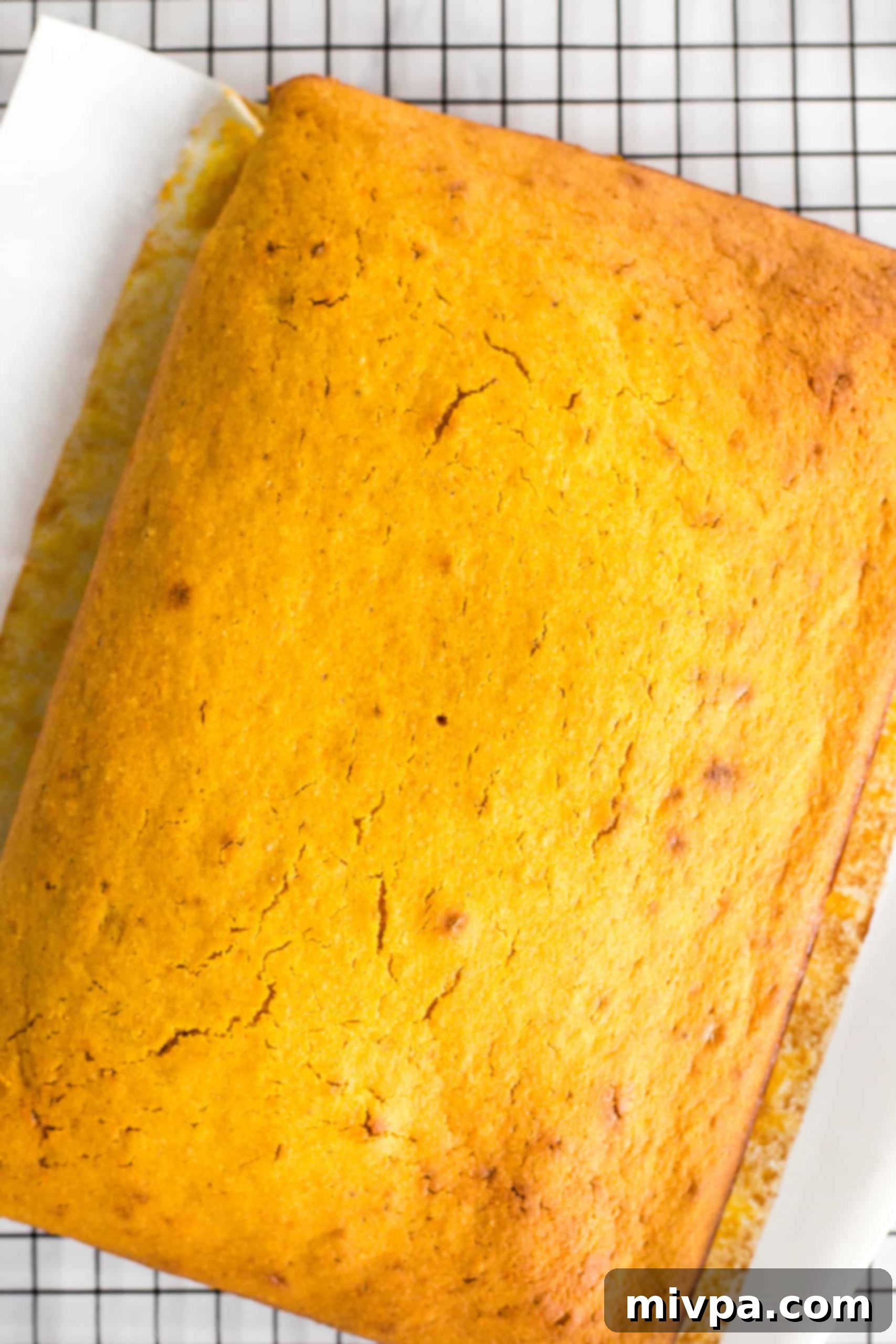 A large, baked pumpkin cake cooling gracefully on a wire rack, still in the pan.
