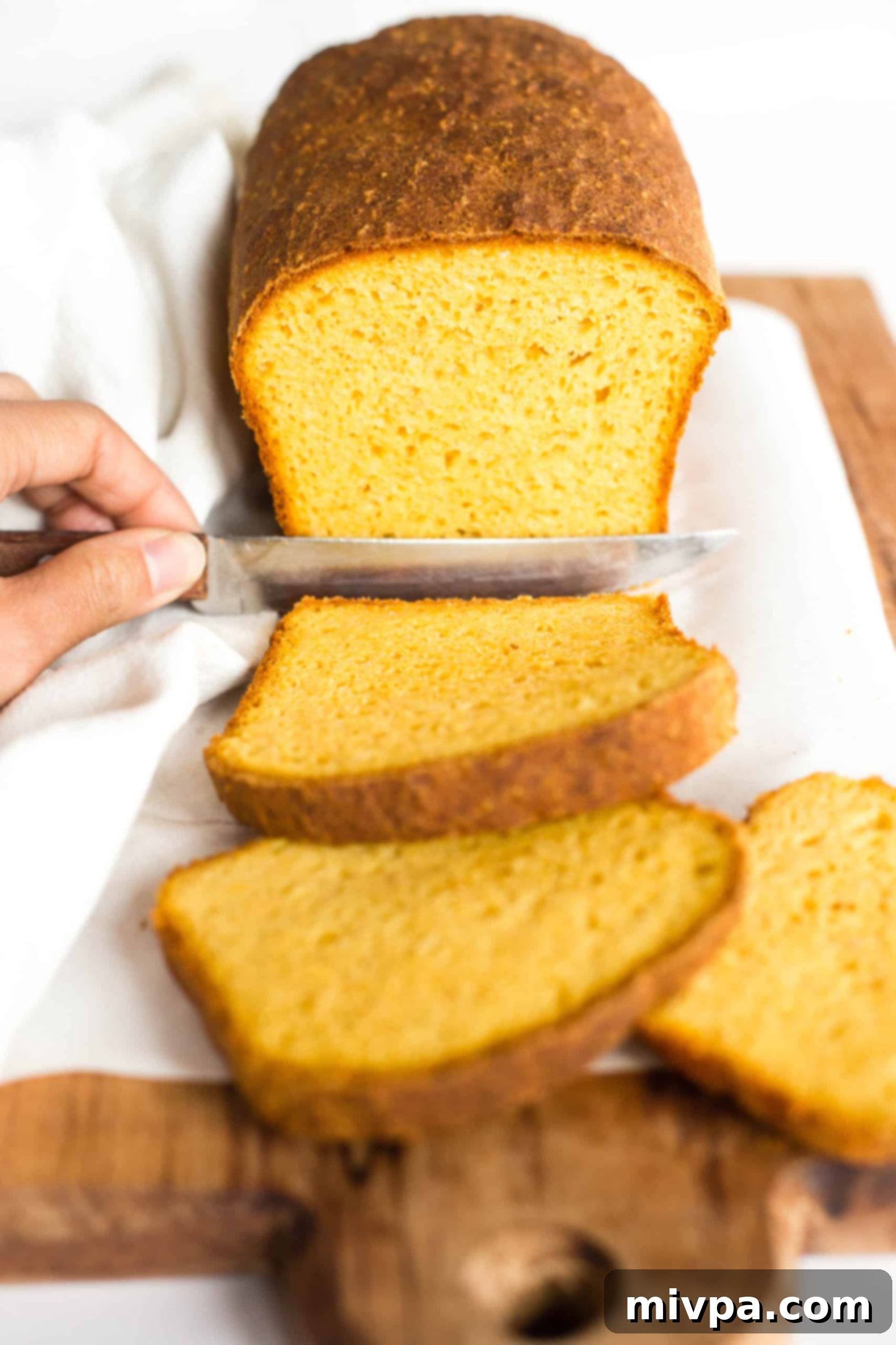 Slicing into a loaf of pumpkin bread with yeast.