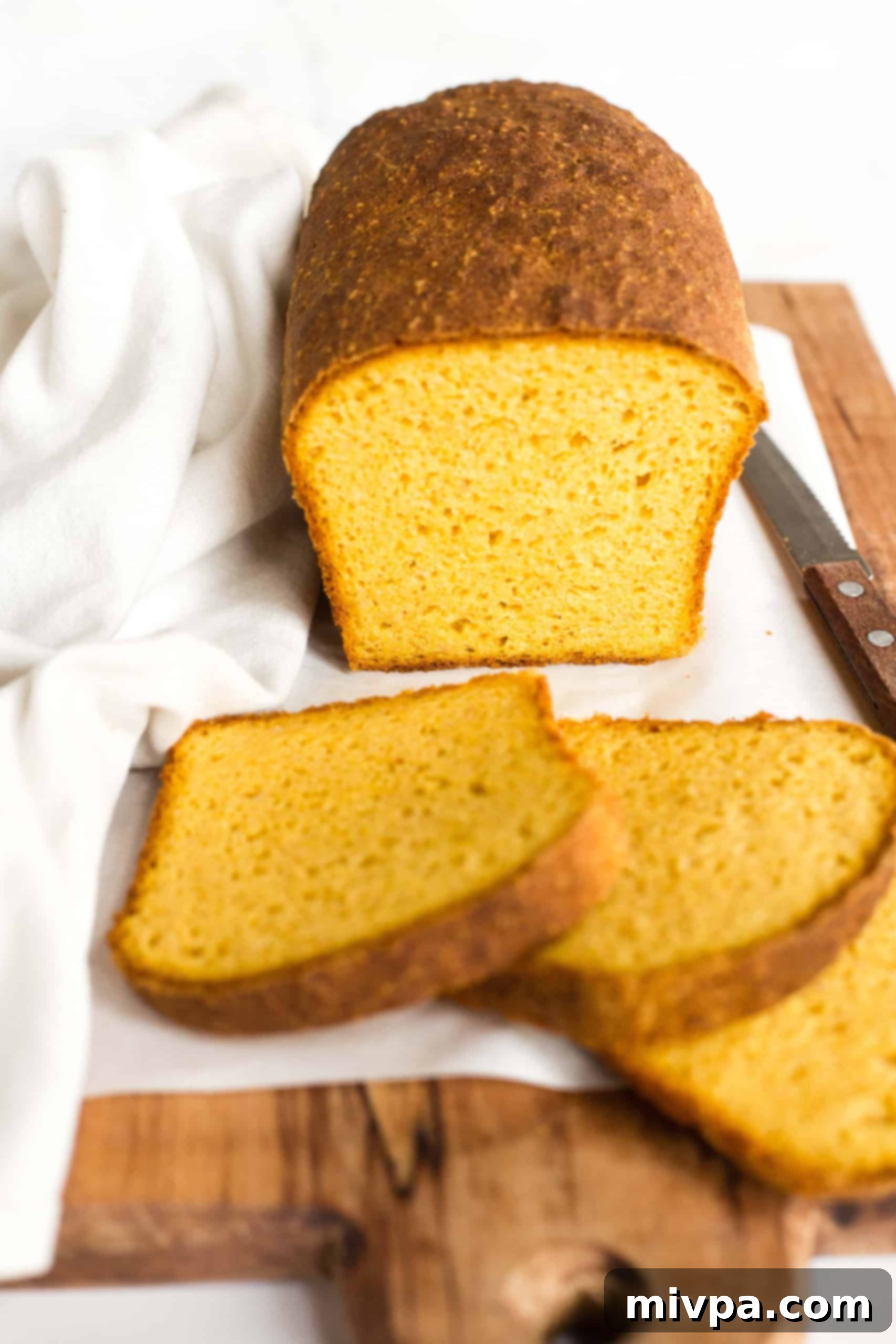 A half sliced loaf of yeast pumpkin bread on parchment-lined board.