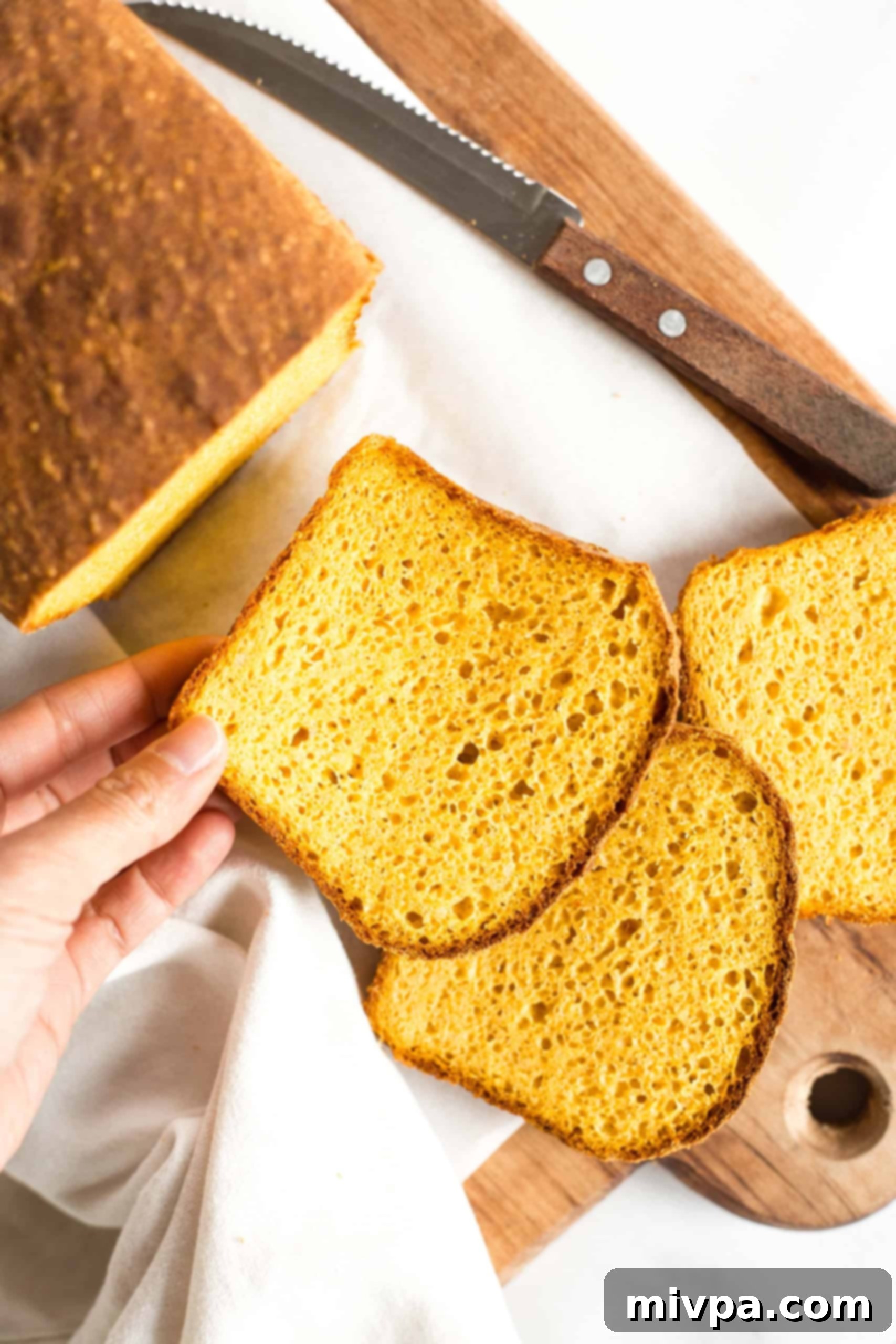 Hand reaching for a slice of pumpkin bread with yeast.