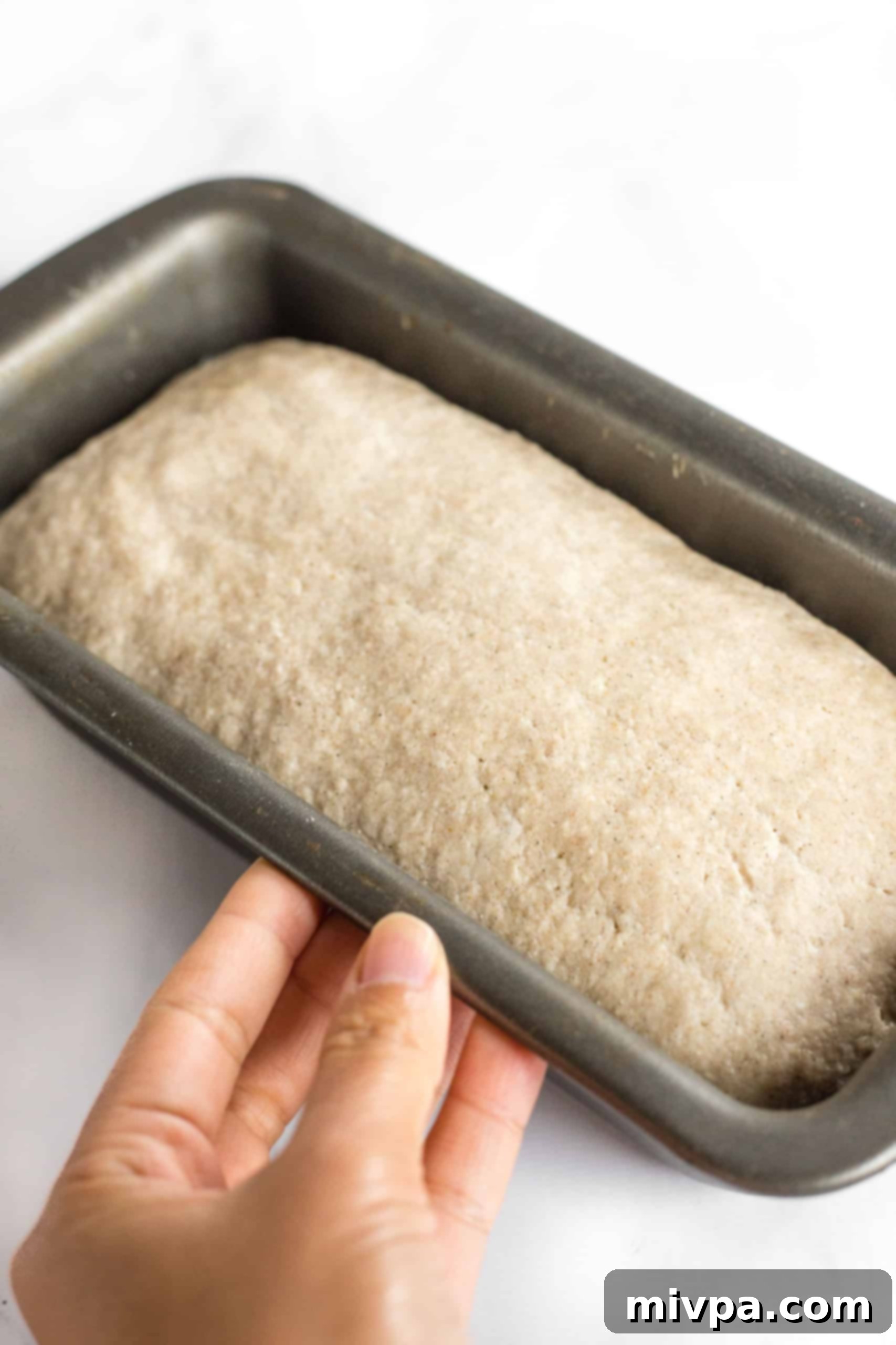 Gluten-Free Whole Grain Bread (Dairy-Free, Vegan) Holding a metal loaf pan containing perfectly risen gluten-free whole grain bread dough.