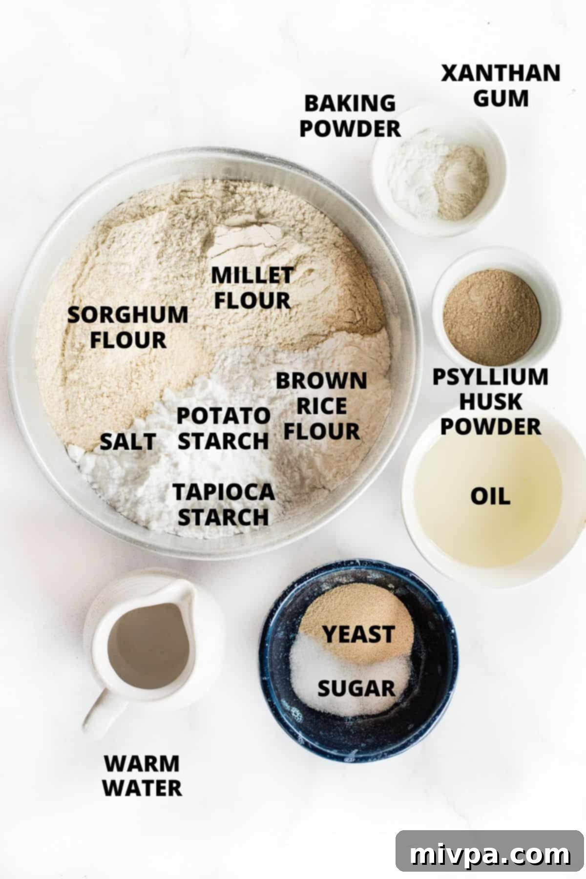 Gluten-Free Whole Grain Bread (Dairy-Free, Vegan) A flat lay of all the essential ingredients required for the gluten-free whole grain bread recipe.