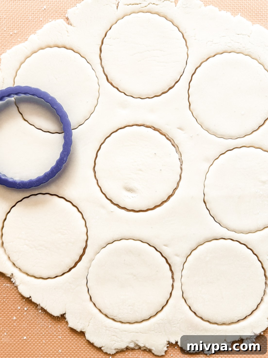 Cutting out peppermint patty dough with a round cookie cutter.
