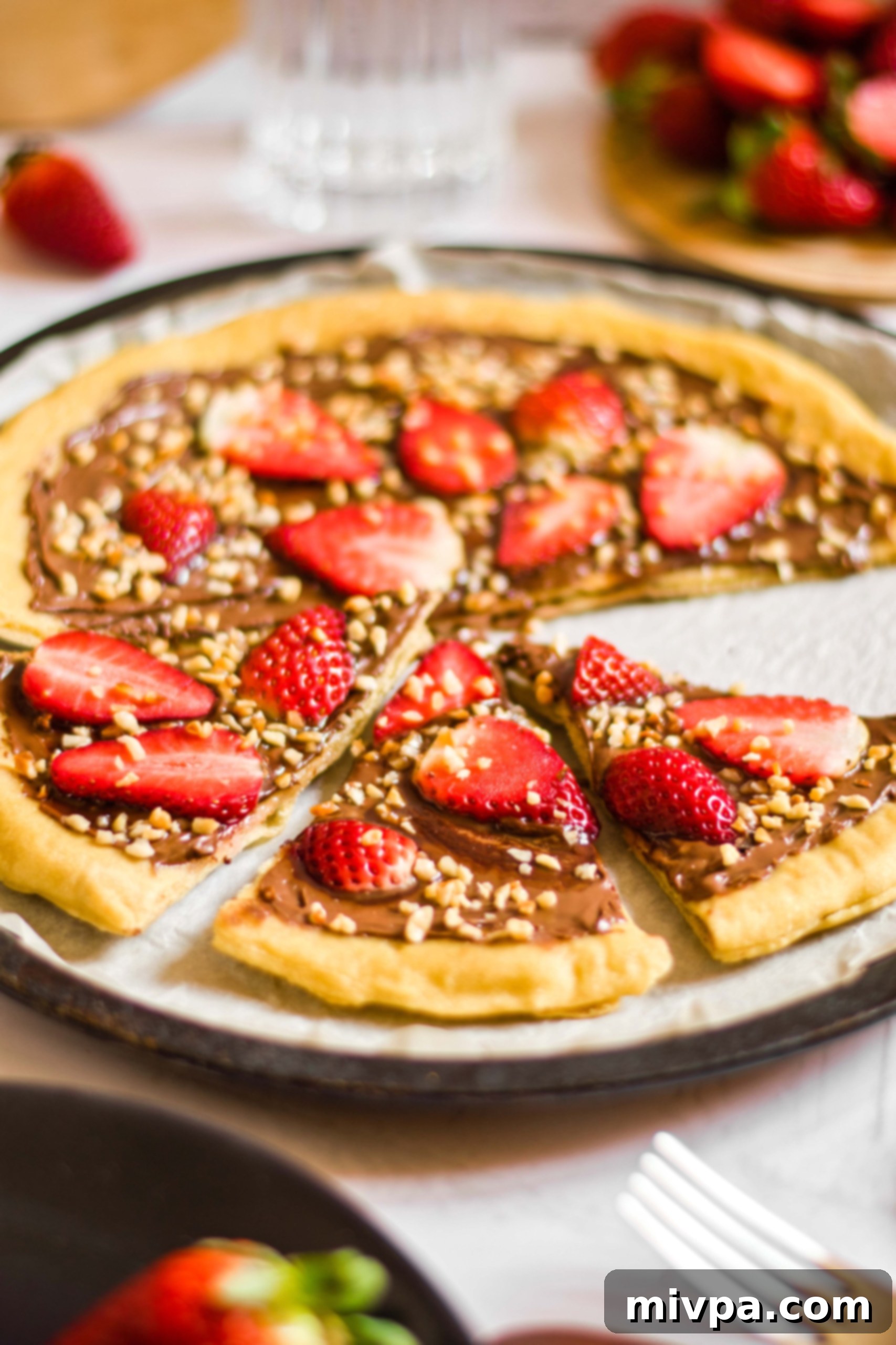 Sliced chocolate dessert pizza topped with strawberries and chopped hazelnuts.