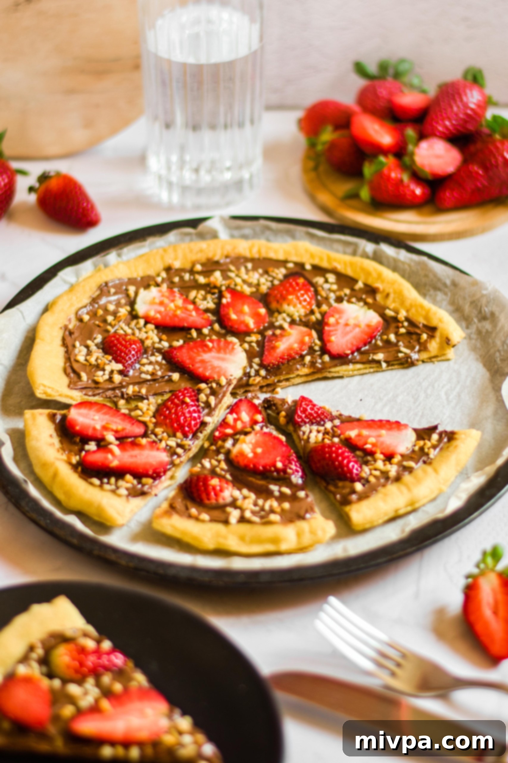 Sliced gluten-free dessert pizza topped with strawberries and hazelnuts. 