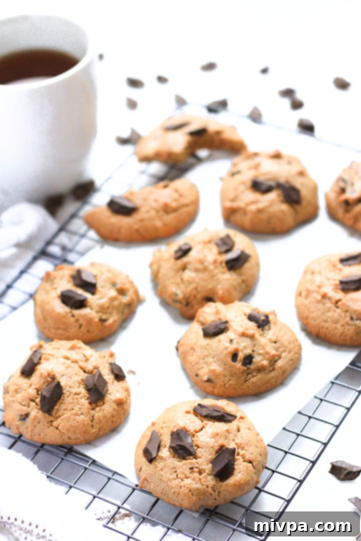 Almond Chocolate Chip Cookies (Gluten-Free, Dairy-Free) Up close shot of almond chocolate chip cookies on parchment-lined cooling rack.