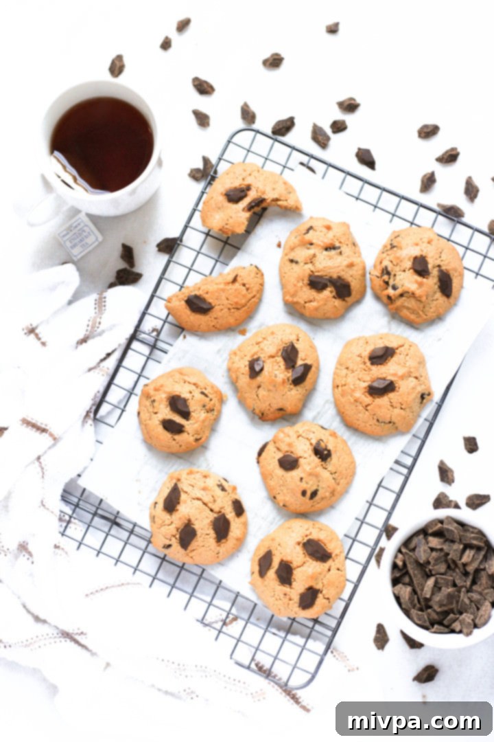 Almond Chocolate Chip Cookies (Gluten-Free, Dairy-Free) Top down view of chocolate chip almond cookies on wire rack.