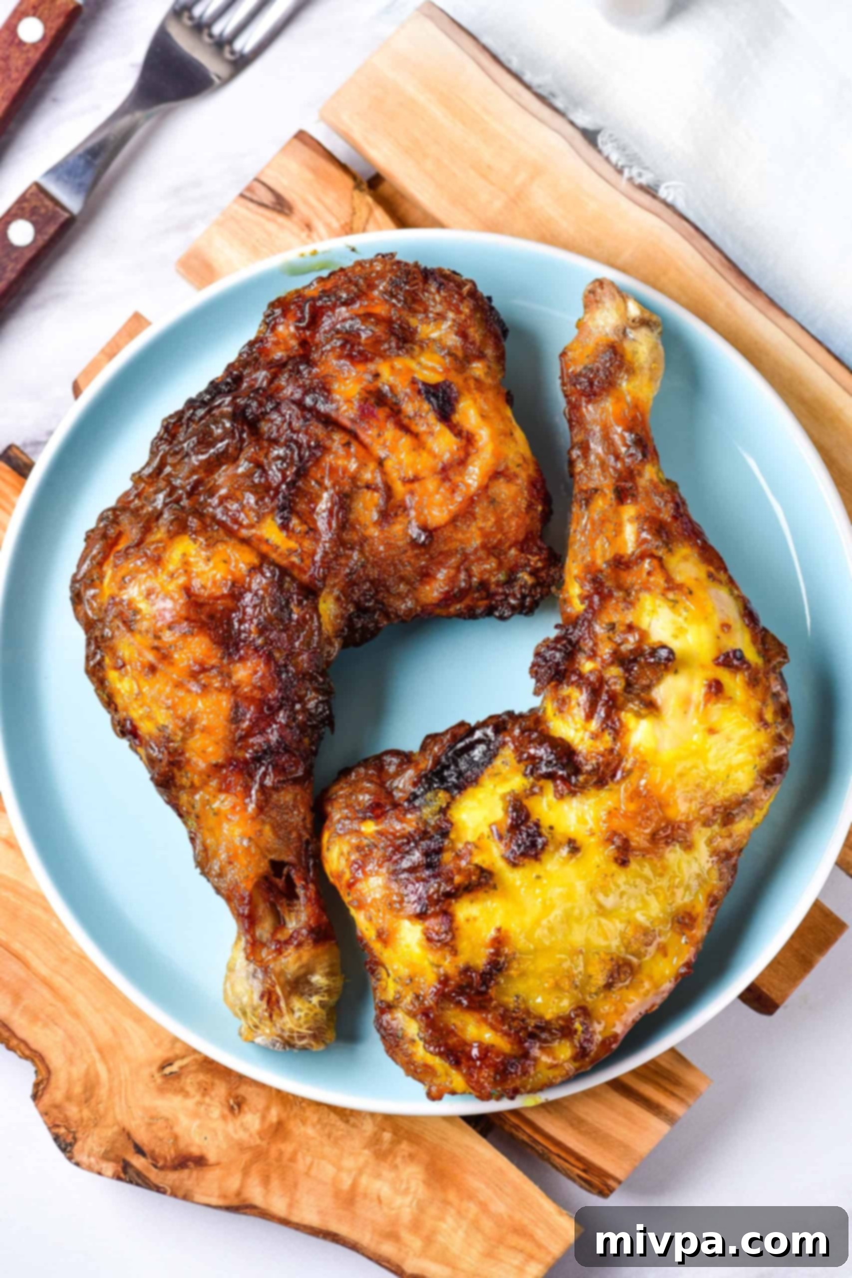 Air Fryer Chicken Quarters (Gluten-Free, Dairy-Free) Top down view of two air fried chicken leg quarters on a round blue plate.