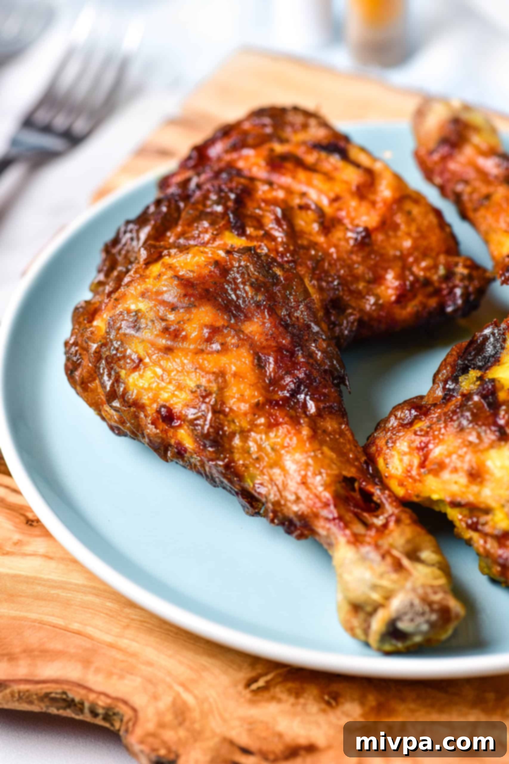 Air Fryer Chicken Quarters (Gluten-Free, Dairy-Free) Up close shot of an air fried chicken leg on blue plate on wooden board.