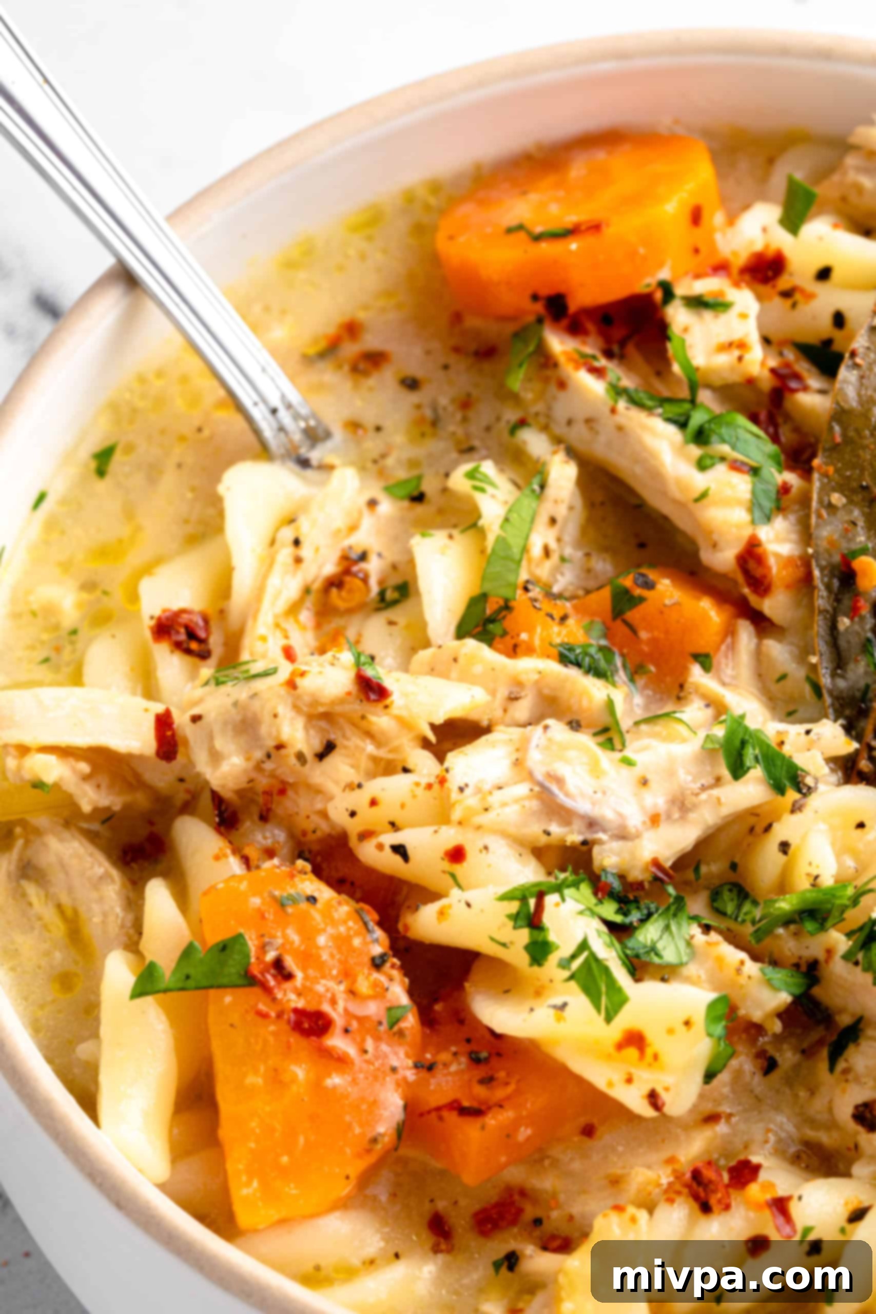 Serving Gluten-Free Chicken Noodle Soup (Dairy-Free) A spoon dipping into a bowl of warm gluten-free chicken noodle soup, highlighting the tender chicken, noodles, and rich broth.