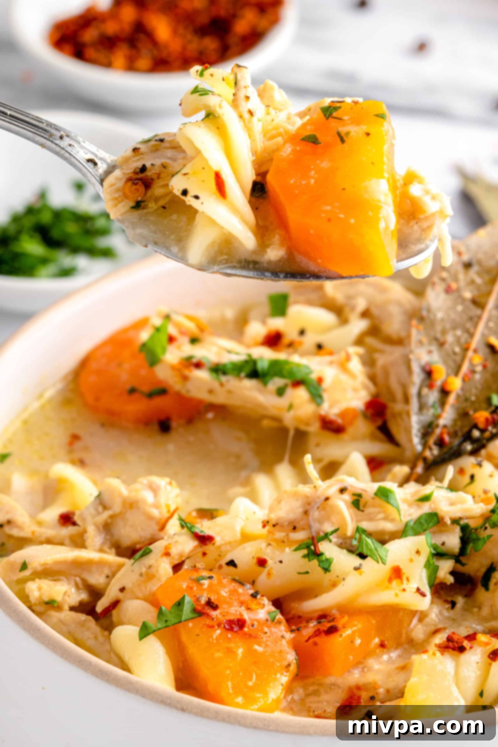 Spoonful of Gluten-Free Chicken Noodle Soup (Dairy-Free) A spoon scooping a generous portion of gluten-free chicken noodle soup from a bowl, filled with tender chicken, vegetables, and noodles.