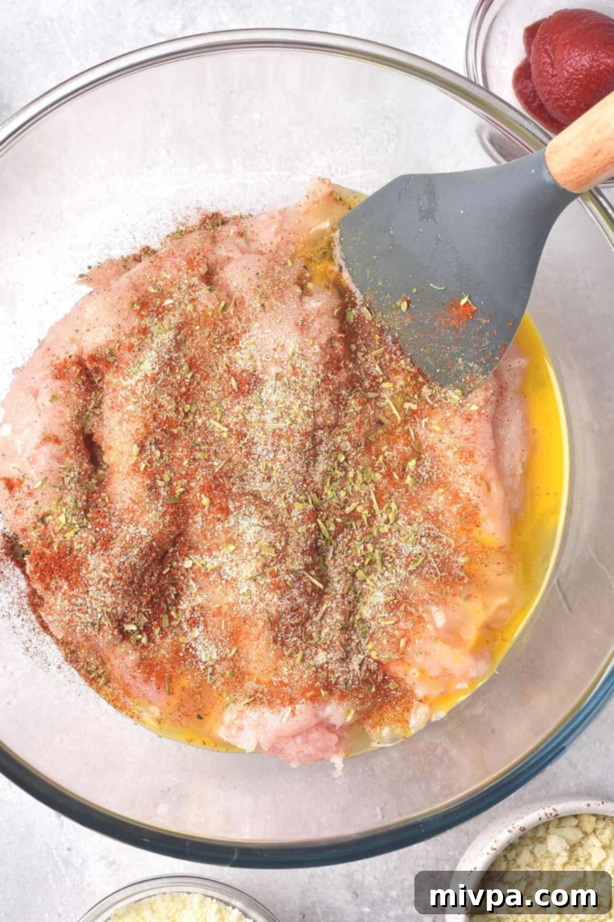 Mixing ground chicken with egg and spices.