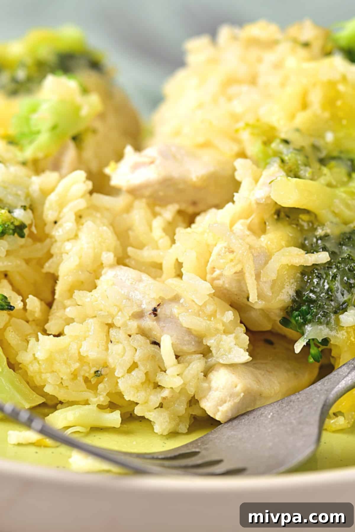 Gluten-Free Chicken Casserole (Dairy-Free) Up close view of a spoonful of creamy gluten and dairy free chicken casserole, showing the cooked chicken, rice, and melted dairy-free cheese.