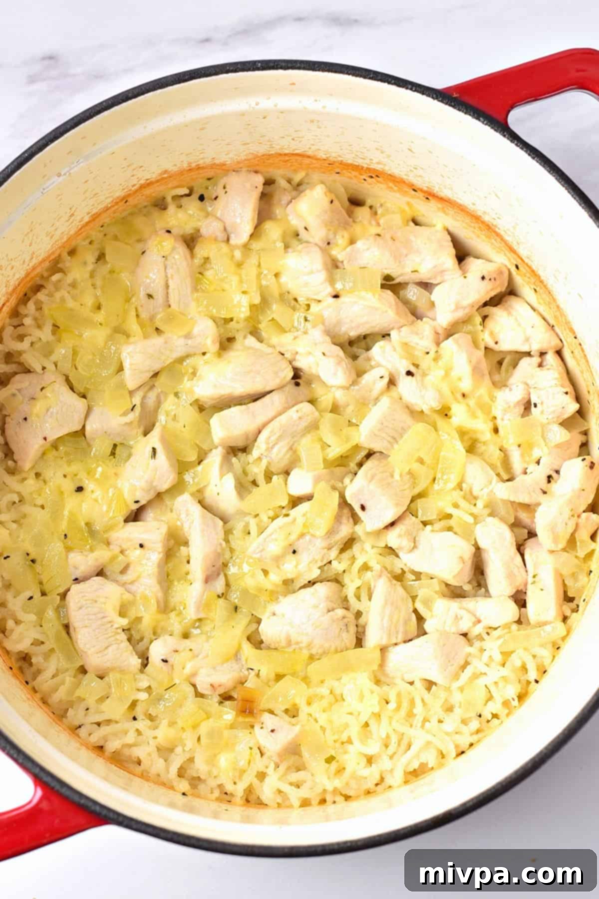 Gluten-Free Chicken and Rice Casserole (Dairy-Free) Baked chicken and rice casserole in a Dutch oven, steamy and ready for the next step.