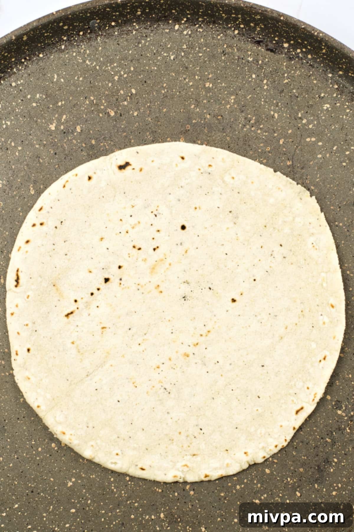 A cooked corn tortilla on skillet.