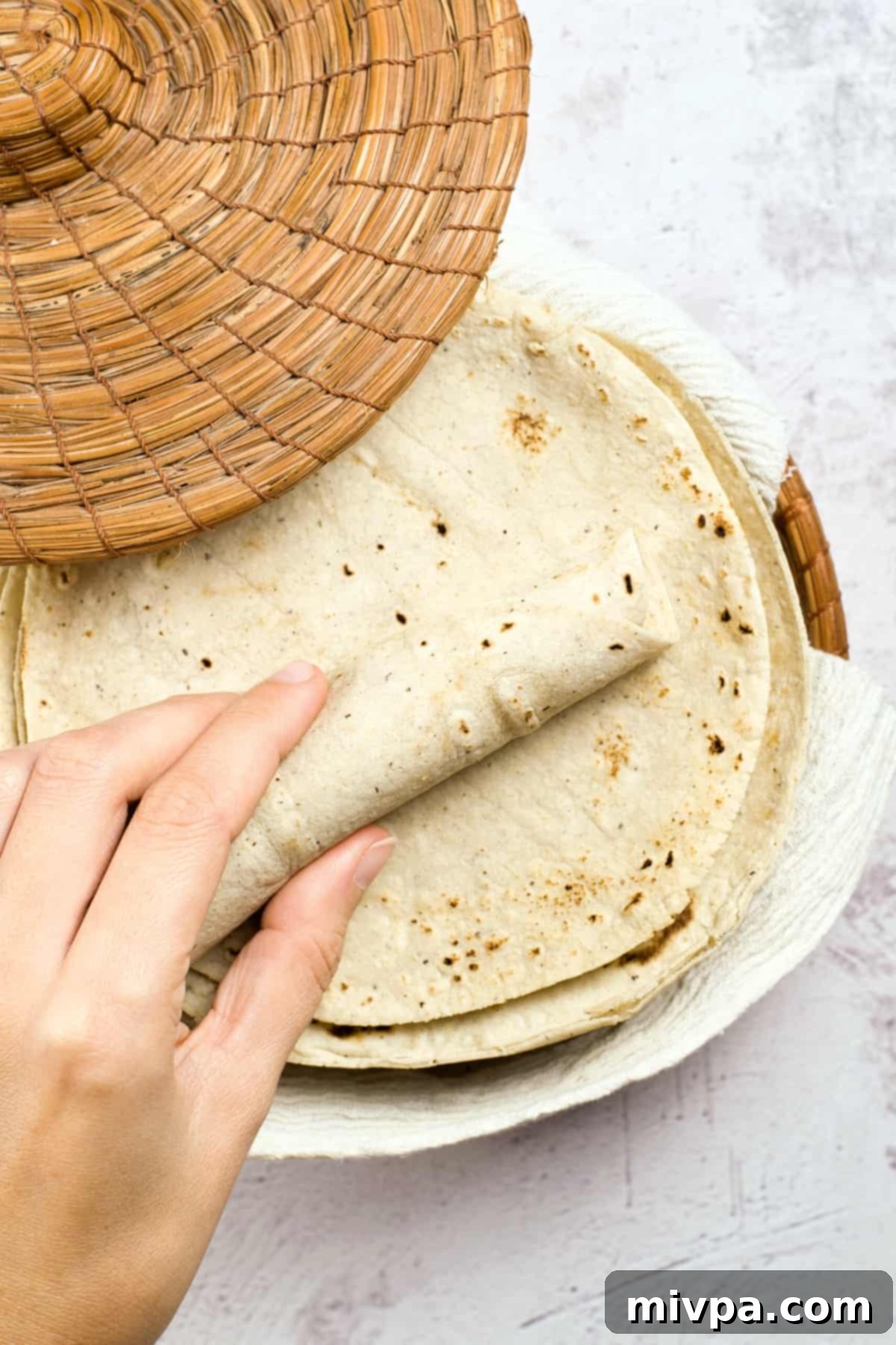 Hand holding a rolled tortilla wrap.
