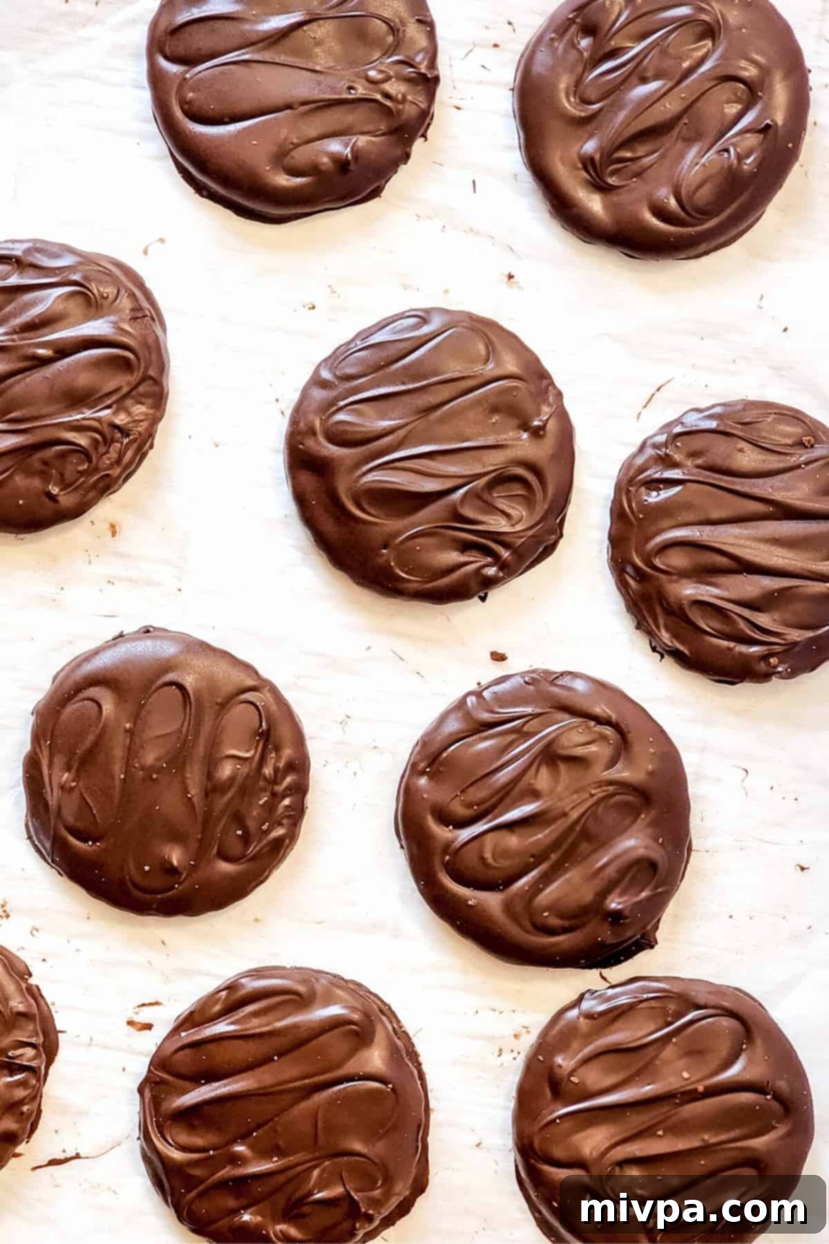 Top down view of homemade gluten-free Thin Mint cookies.