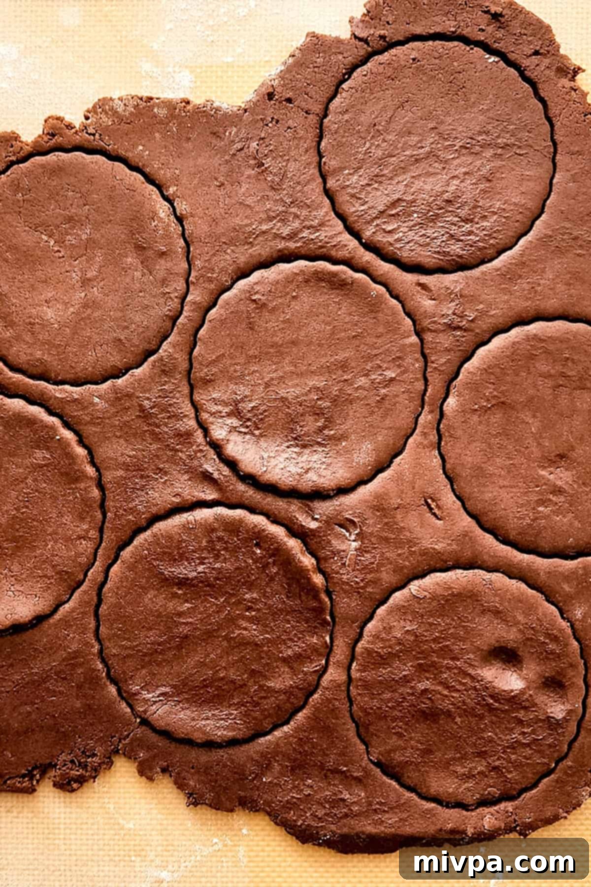 Cutting out thin mint cookie dough.