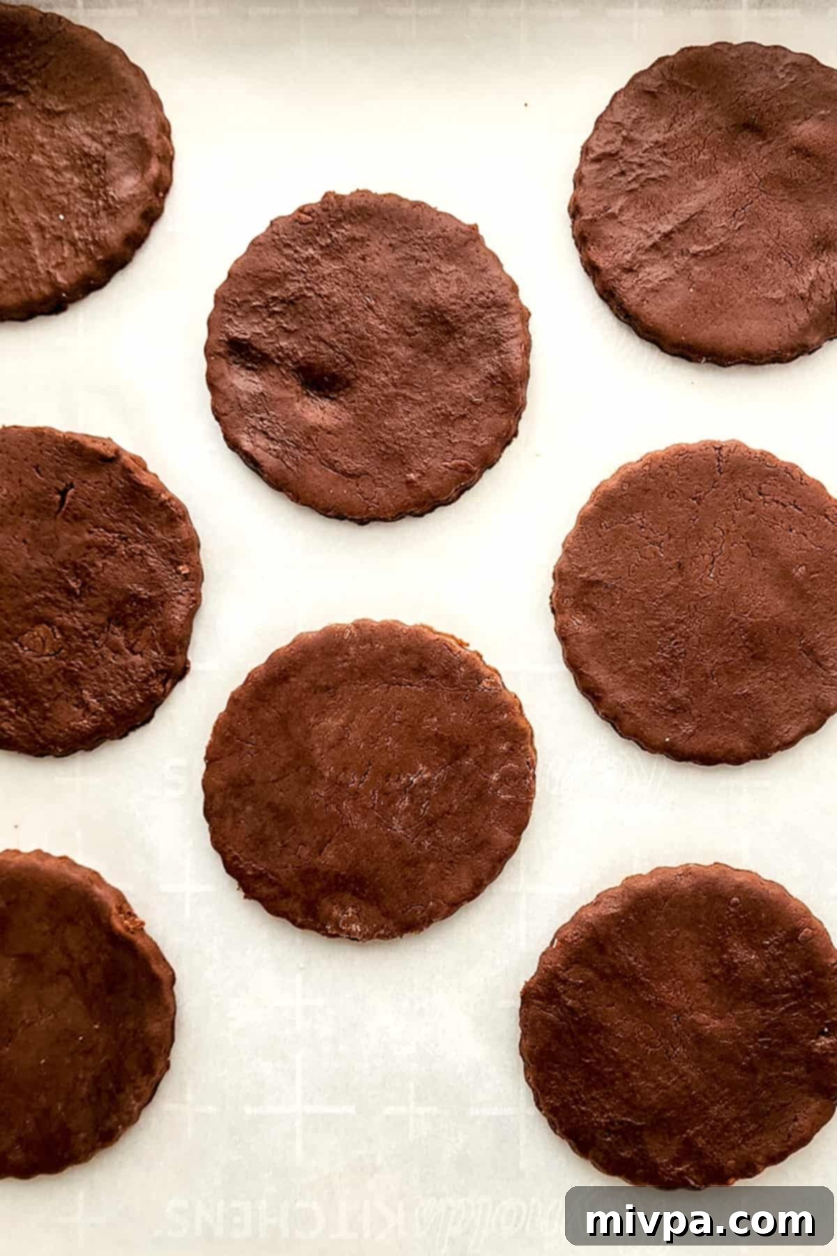 Round cookie dough cut outs on parchment paper.