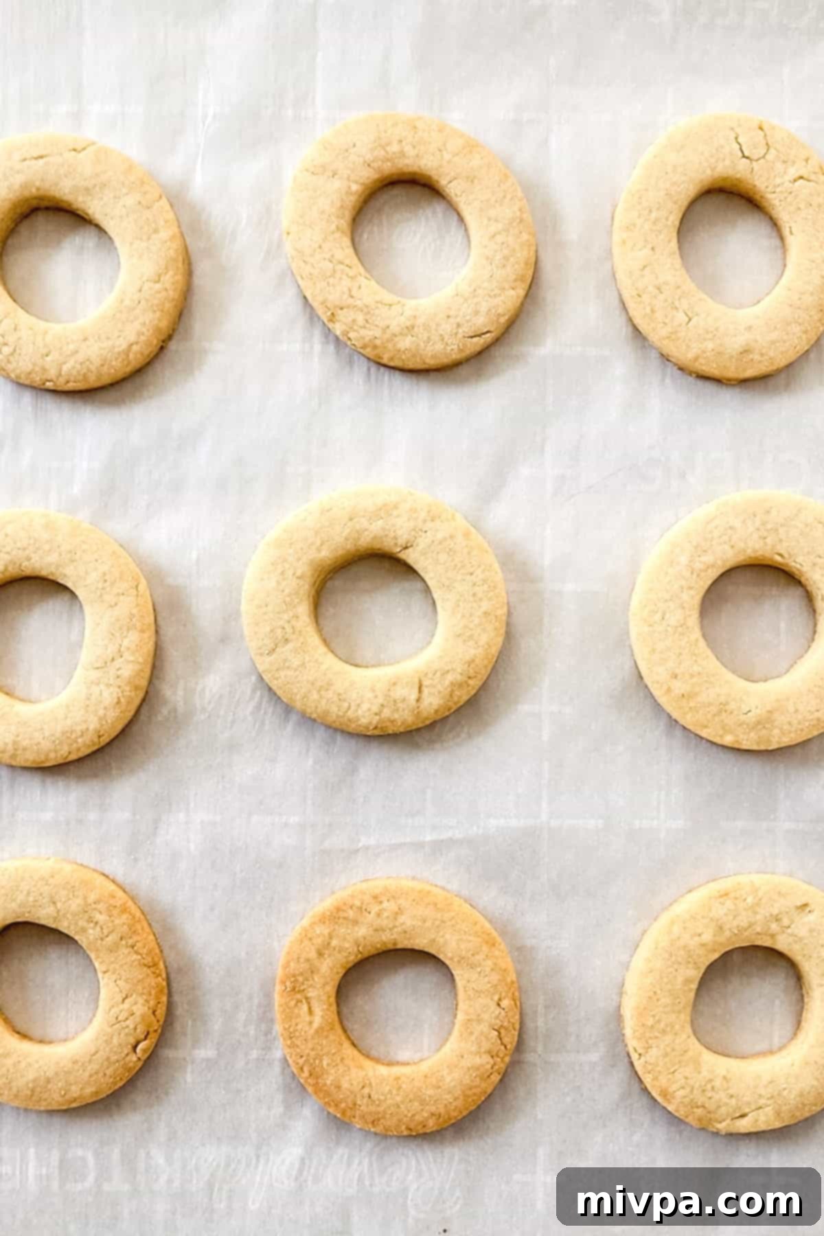 Copycat Girl Scout Samoas (Dairy-Free) Baked O-shaped cookies on parchment paper.