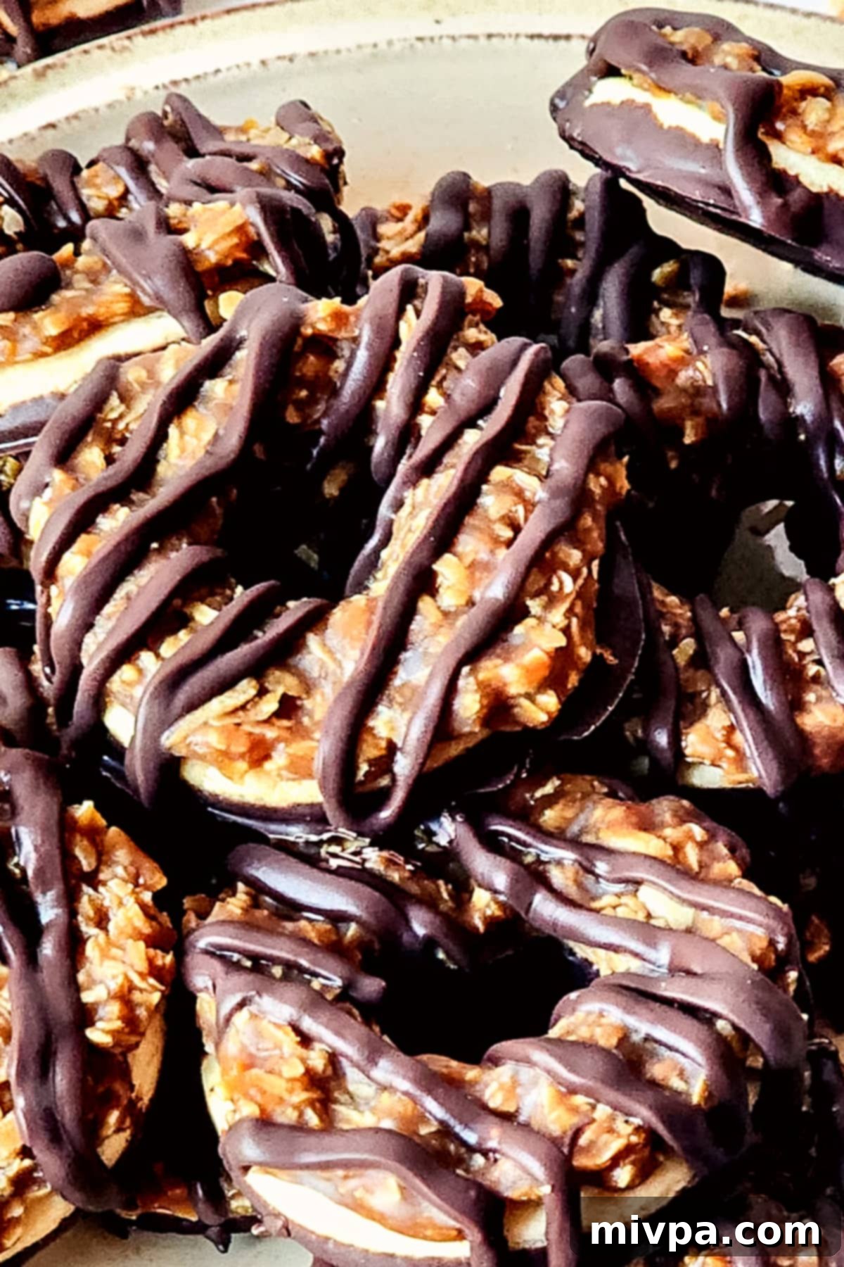 Gluten-Free Samoas Cookies (Dairy-Free) Up close shot of homemade samoas cookies.