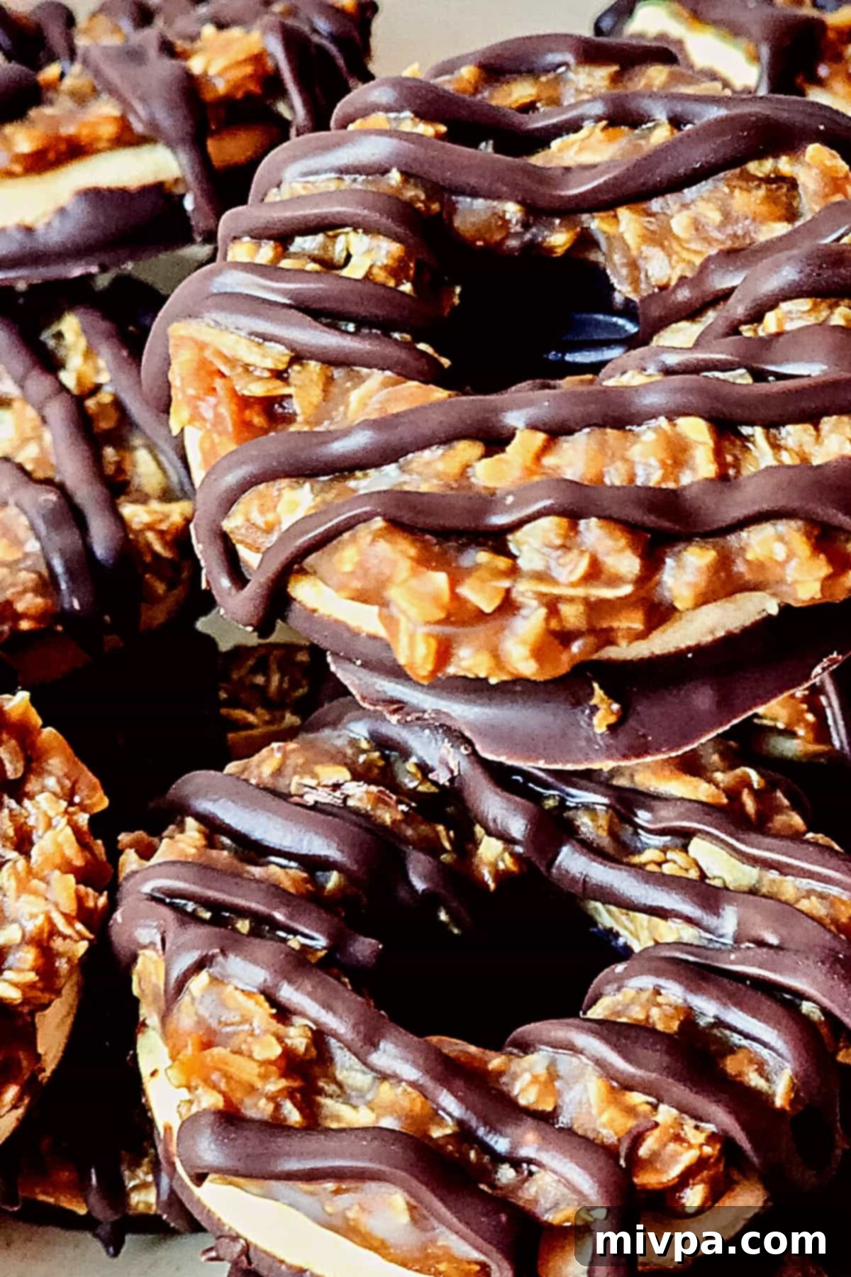 Gluten-Free Samoa Cookies (Dairy-Free) Up close shot showing texture of gluten-free samoas.
