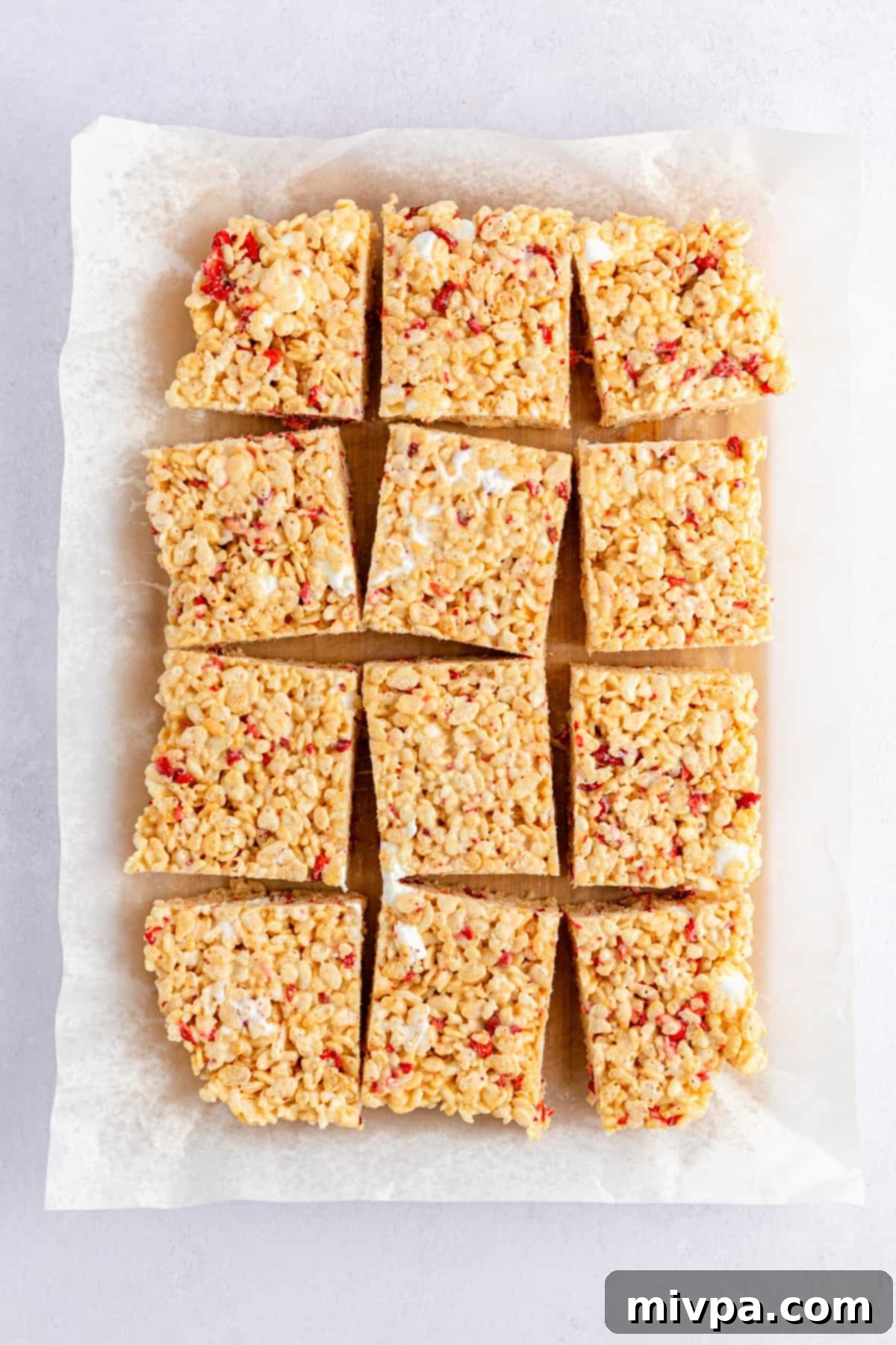 Homemade strawberry rice krispies treats sliced into squares on parchment paper.