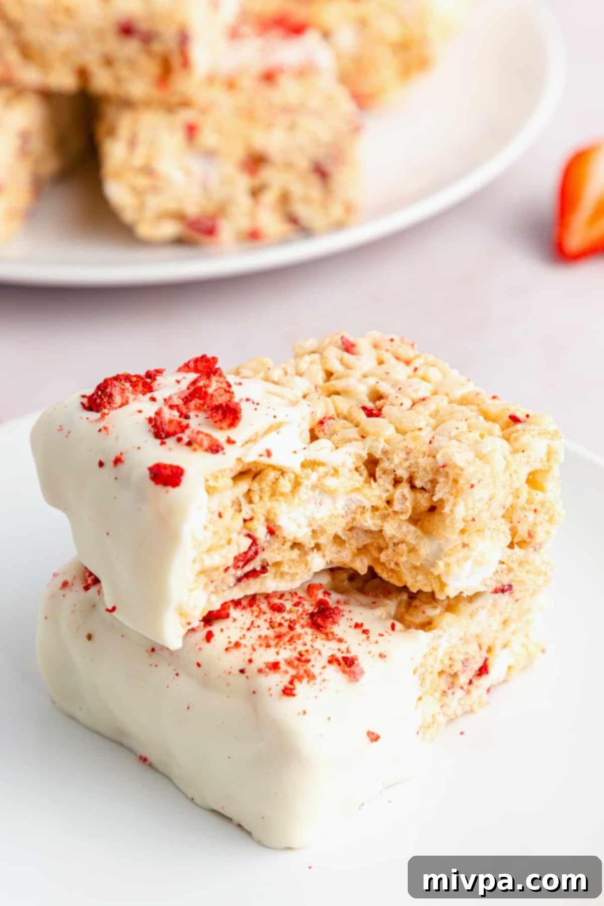 A half-eaten gluten-free rice krispy treat, showing the gooey marshmallow and strawberry bits.