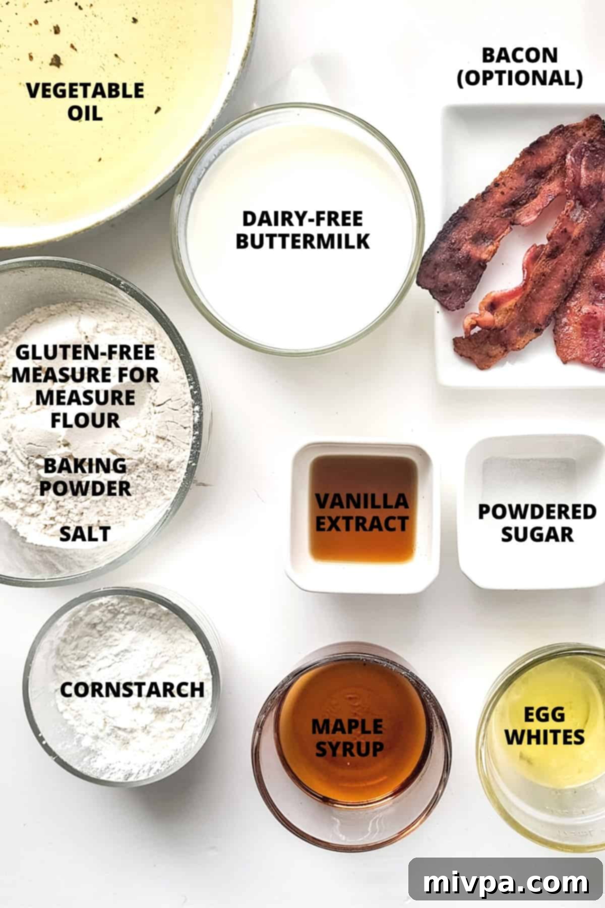 A visual display of all the ingredients needed for the gluten-free funnel cake recipe.
