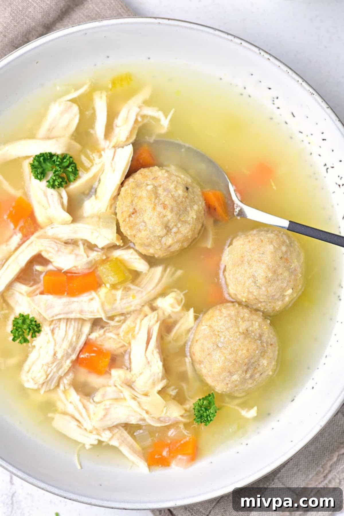 Gluten-Free Matzo Ball Soup (Dairy-Free) - Overhead View Top down view of a comforting bowl of gluten-free matzo ball soup with shredded chicken and fresh dill.